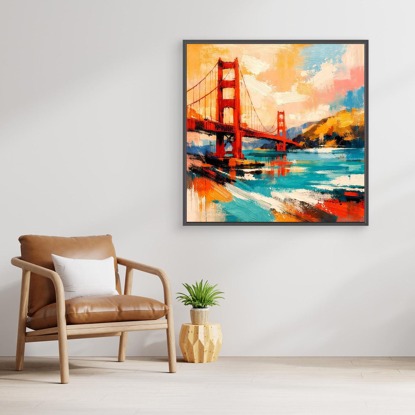 Black-framed canvas wall art featuring abstract Golden Gate Bridge with turquoise and red accents