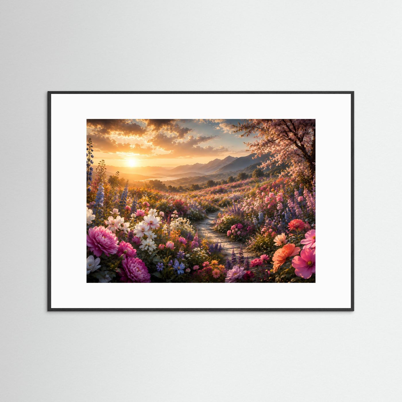 Blühende Bergwiese im goldenen Sonnenuntergang | Farbenprächtiges Blumenmeer mit Bergpanorama in Rosa, Violett & Gold | Romantische Natur Wandkunst