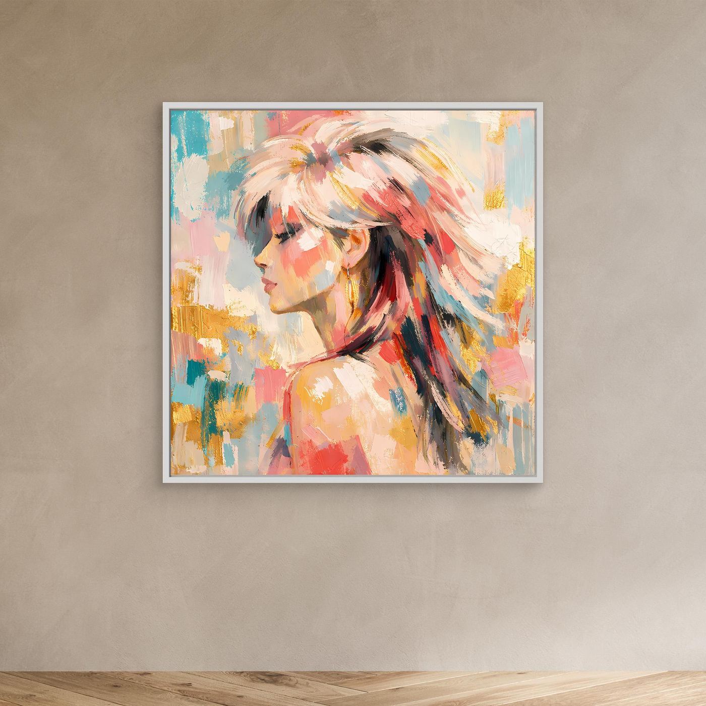 Leinwandbild mit abstraktem Frauenporträt in Pastell, Seitenansicht, weißer Rahmen
