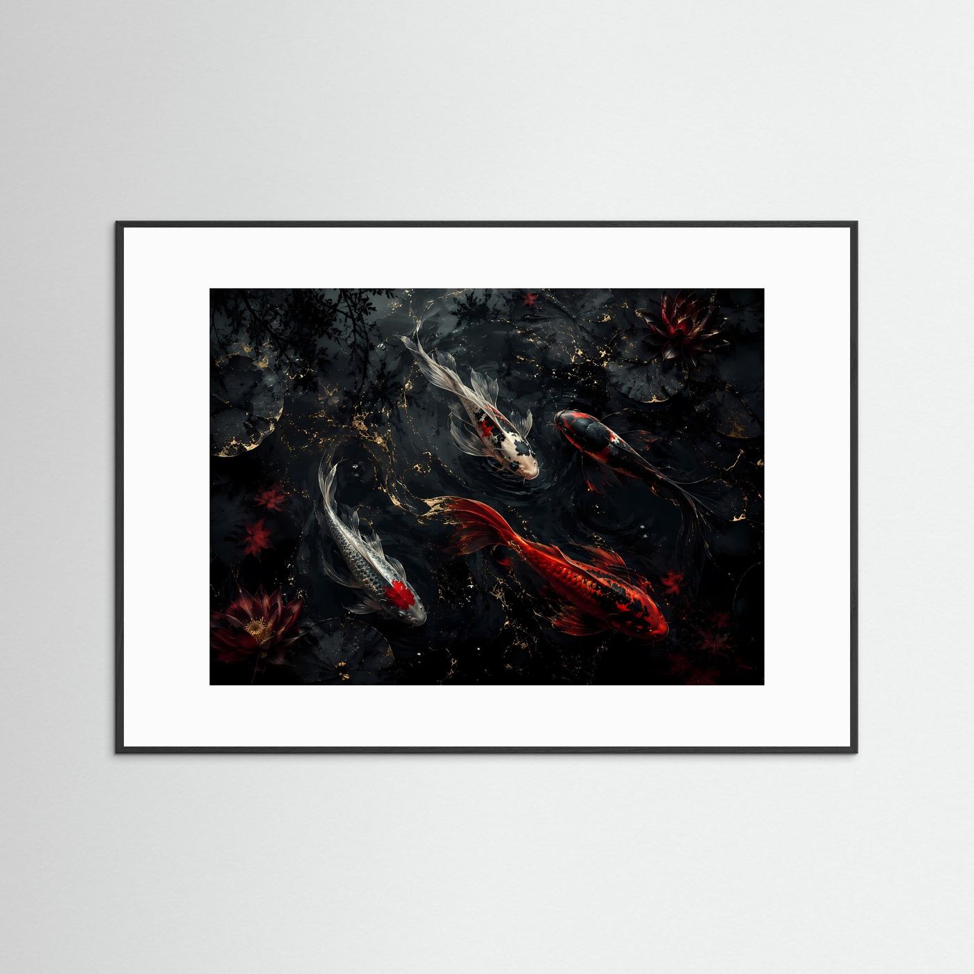 Koi-Karpfen im dunklen Lotus-Teich | Elegantes asiatisches Wandbild in Schwarz, Rot & Gold