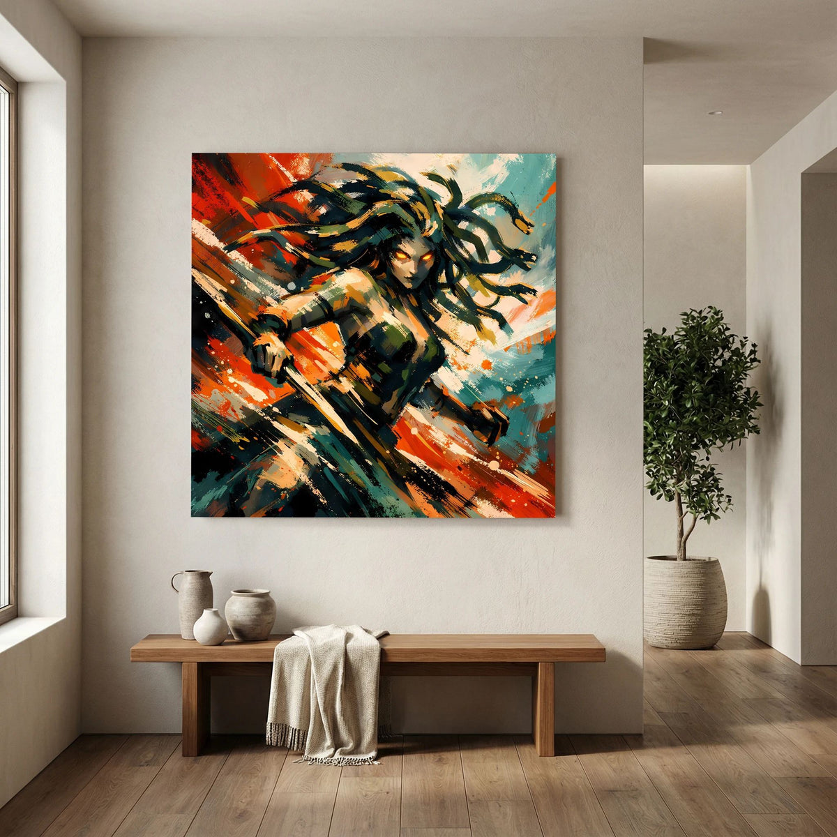 Leinwand-Wandbild mit Medusa im Actionstil, abstrakte Striche und Spritzer in Orange und Dunkelgrün