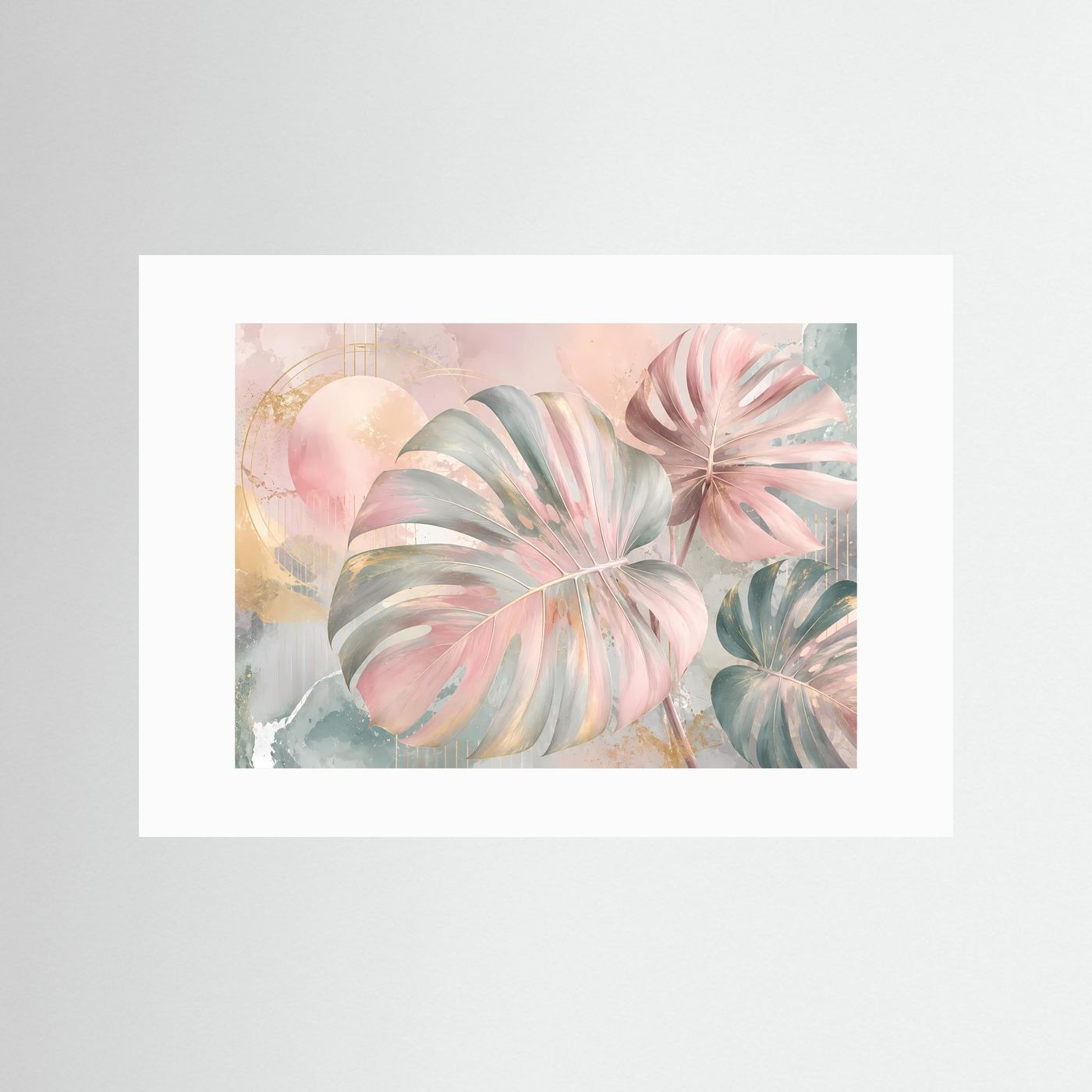 Monstera Blätter Poster Querformat | Tropische Wandkunst Pastell Rosa Gold | Moderne Botanische Kunst