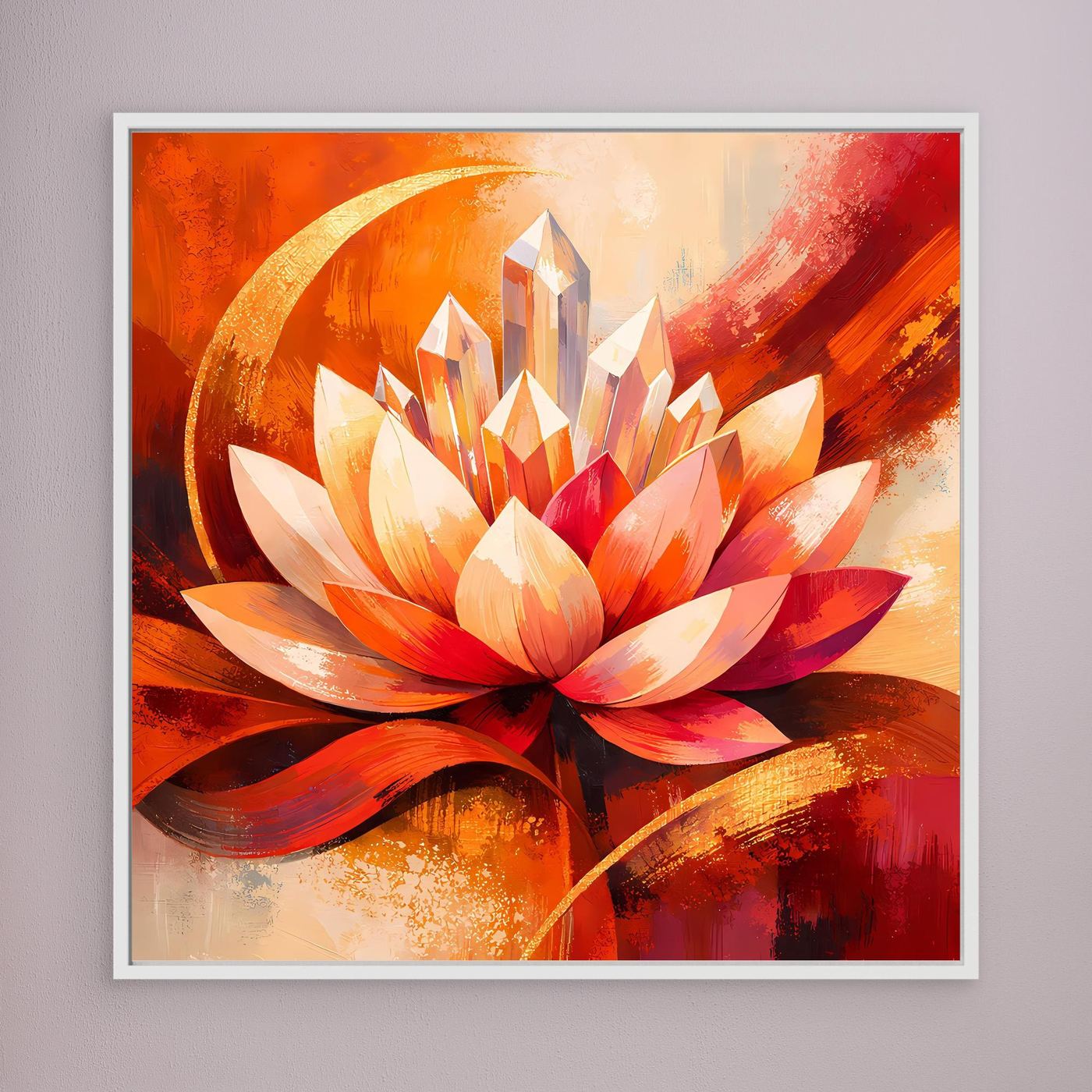 Leinwandbild mit Lotusblüte in Orange und Rot, weißer Rand