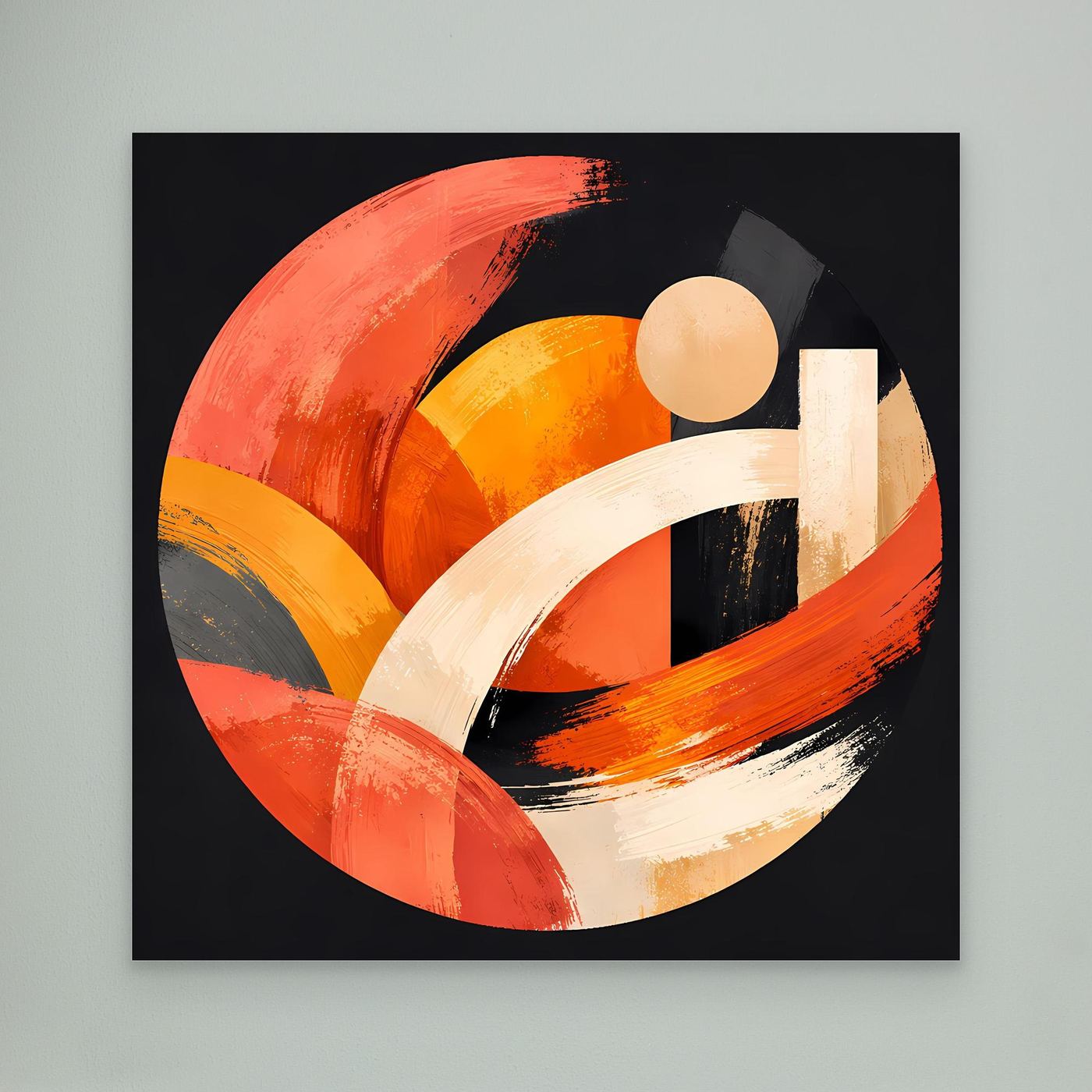 Leinwandbild mit geometrischem Kreis aus Pinselstrichen in Orange, Beige und Weiß, ohne Rahmen