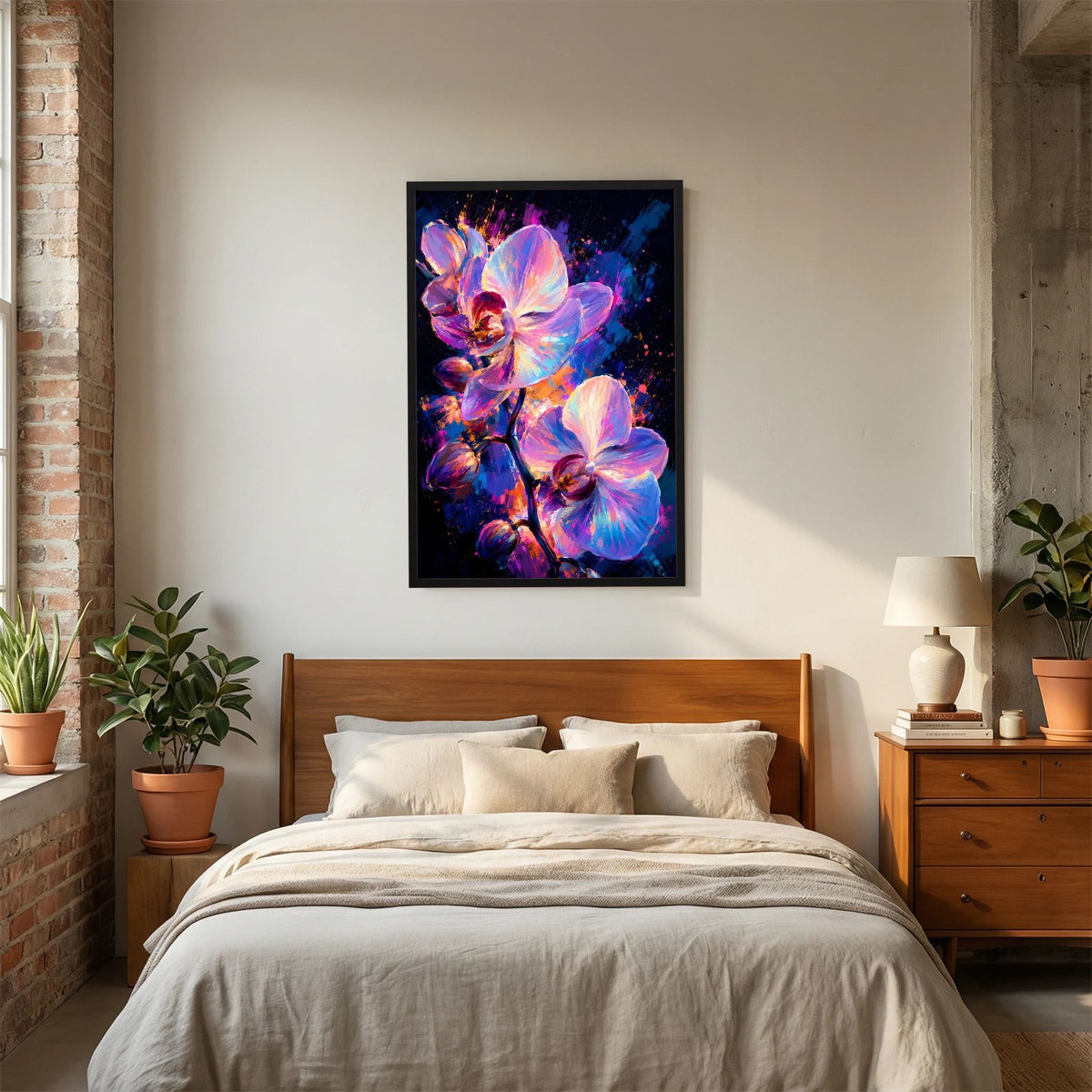 Gerahmtes Hochformat-Poster mit Orchideen in Pink, Violett und Blau