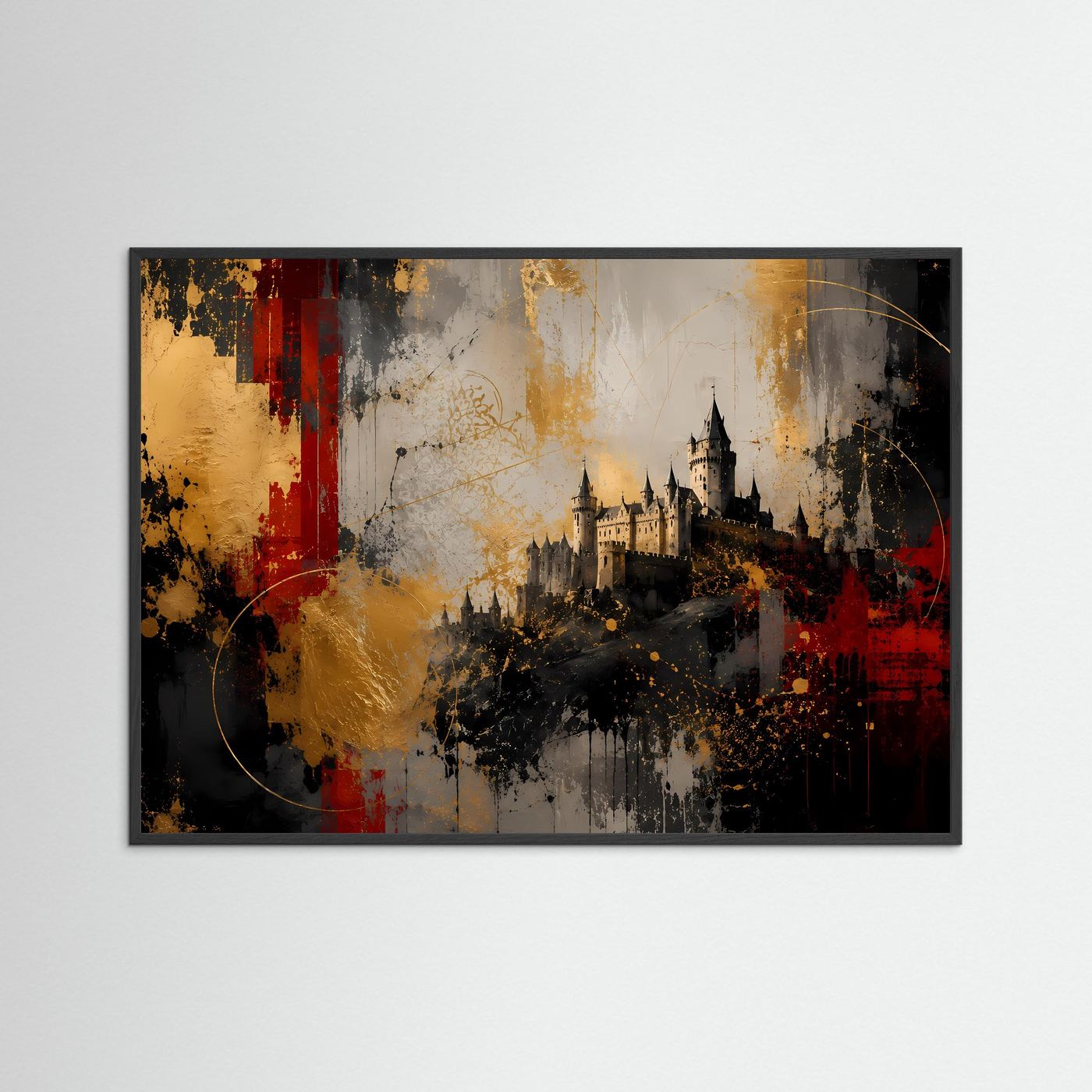 Gerahmtes Architekturposter mit abstraktem Schlossmotiv, schwarz umrahmt, rot-gold-schwarz