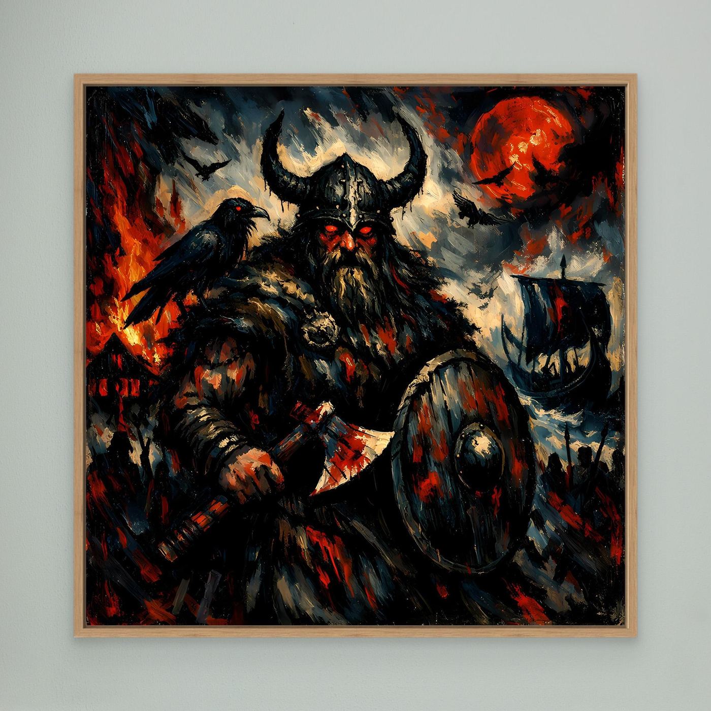 Leinwand Düsterer Wikinger-Krieger unter dem Blutmond | Expressives Nordmann Wandbild
