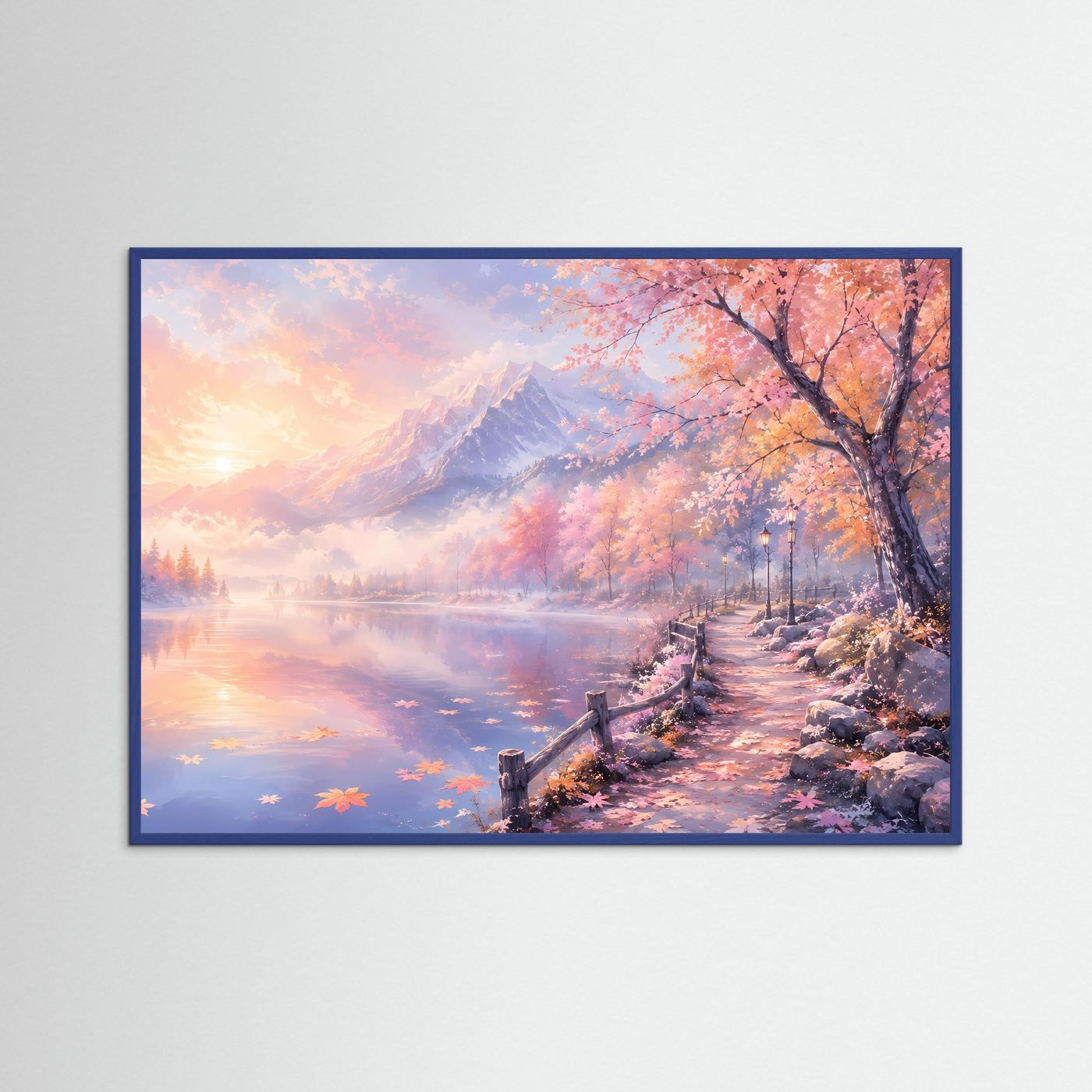 Pastell Alpen am Spiegelsee | Romantisches Berglandschaft Panorama Poster Querformat in Rosa & Gold