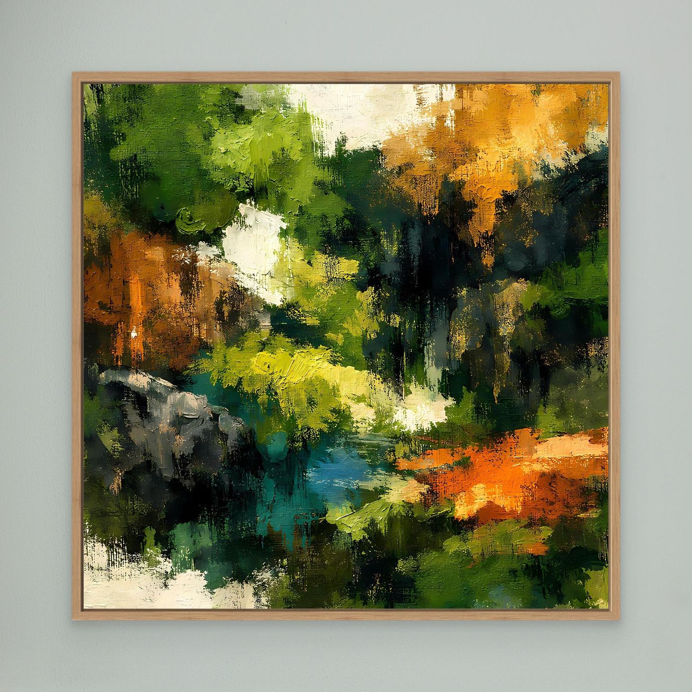 Leinwand-Wandbild mit Holzrahmen: abstrakte Waldlandschaft und Fluss, grün, gelb, orange