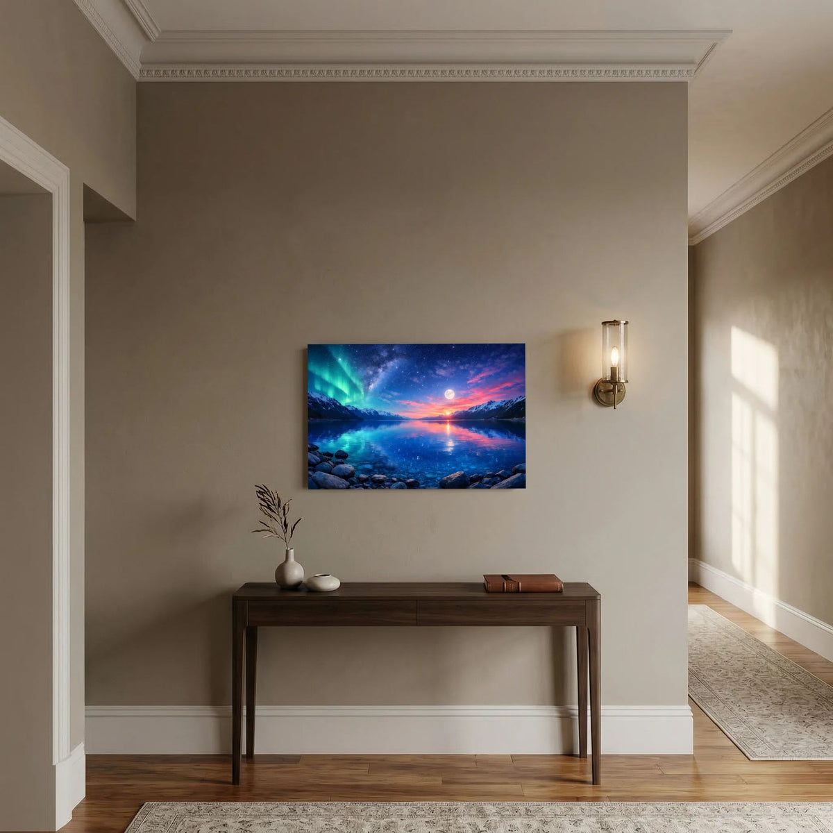 Rechteckiges Wandbild mit Polarlicht über See und Mond am Abendhimmel