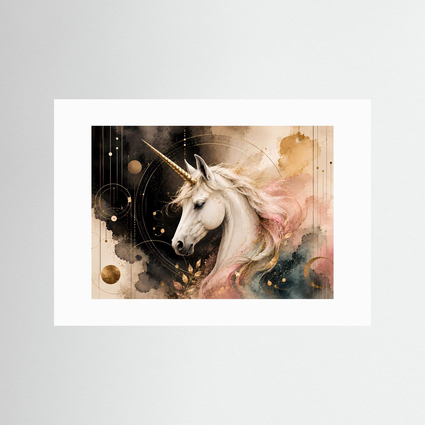 Querformat-Poster mit Einhorn in Pastellrosa und Gold, weißes Passepartout