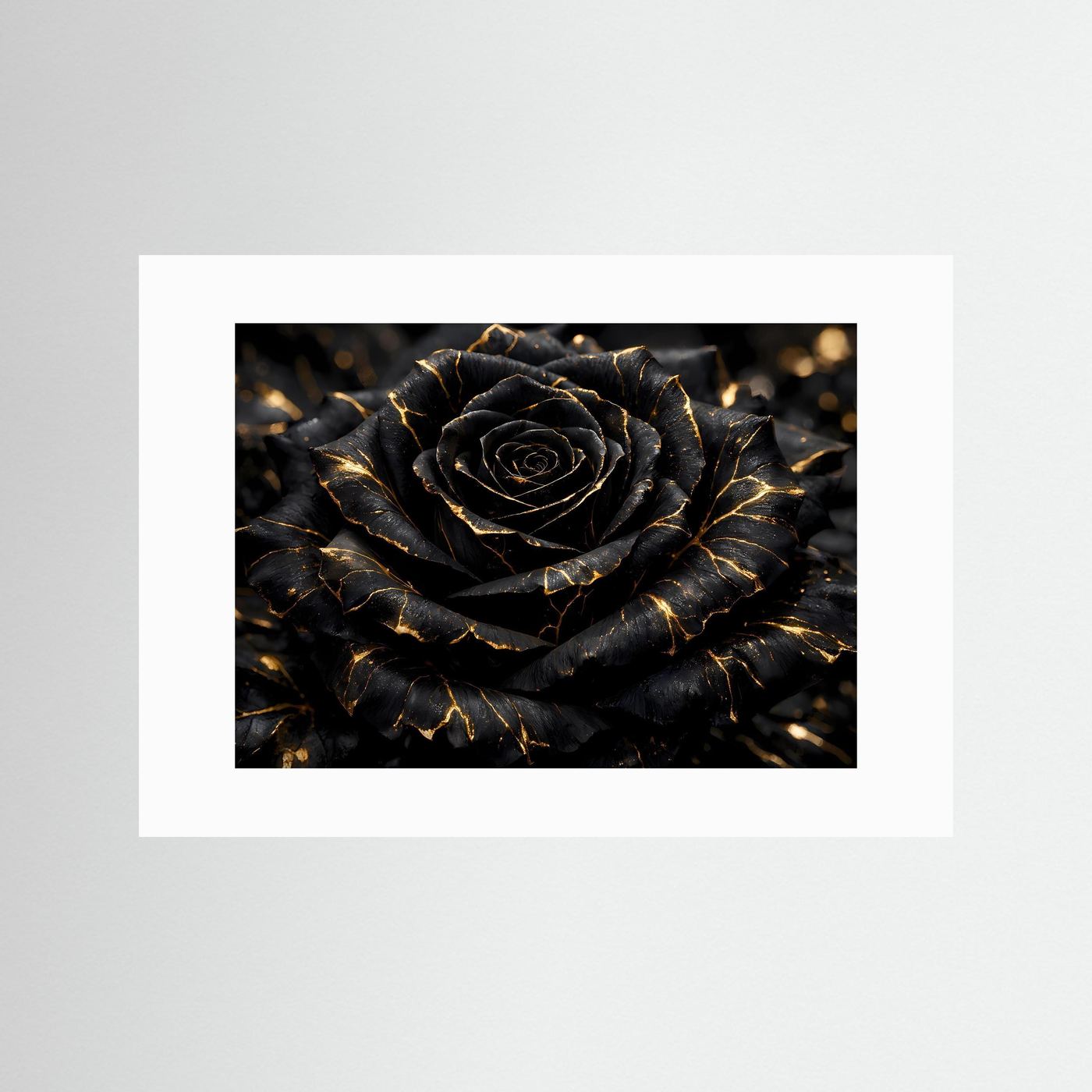 Wandbild mit schwarzer Rose und goldenen Adern mit weißem Passepartout
