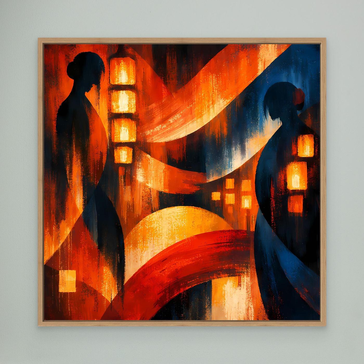 Japanisches Wandbild mit Holzrahmen (hell) und zwei Geisha-Silhouetten, Laternen im Rot-Blau-Motiv