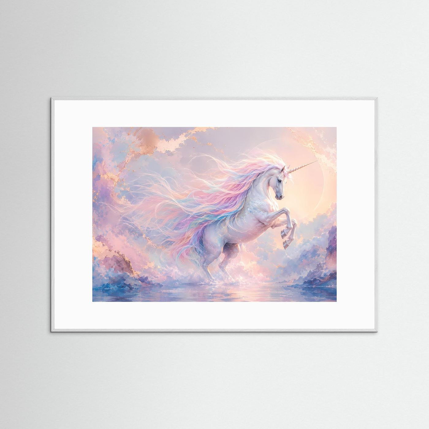 Magisches Einhorn in Pastell | Fantasie Wandbild in Rosa, Blau & Gold