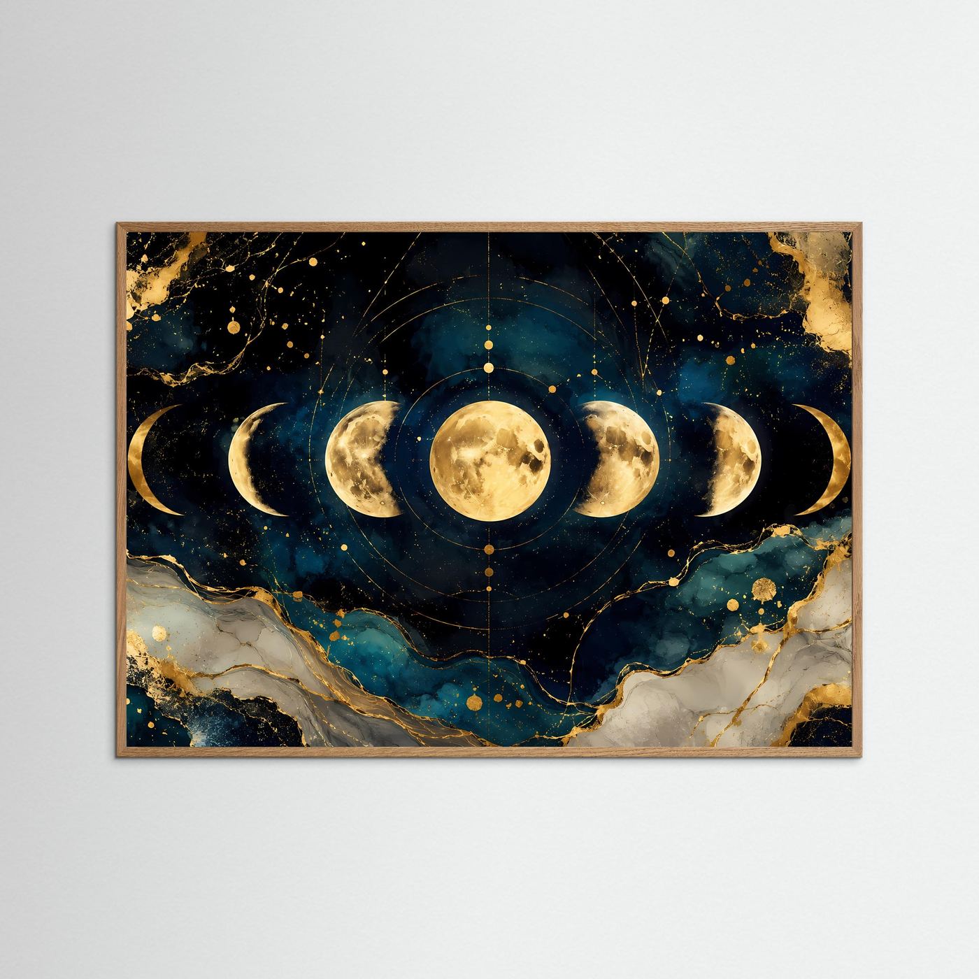 Mondphasen im Kosmos mit Gold | Spirituelles Universum & Astrologie Poster im Querformat