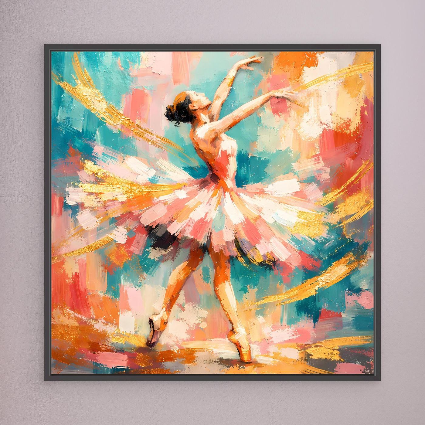 Leinwandbild mit abstrakter Ballerina, bunte Farbflächen, im schwarzen Rahmen