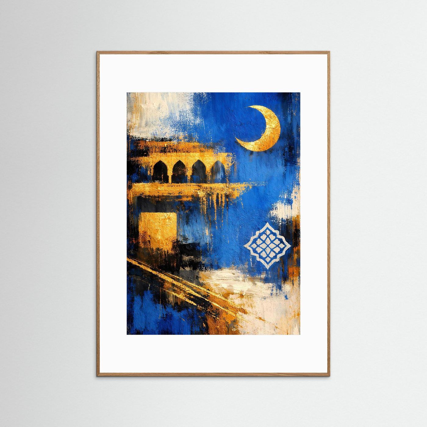 Poster mit abstraktem Mosaik und Sichelmond, rötlich-brauner Rahmen
