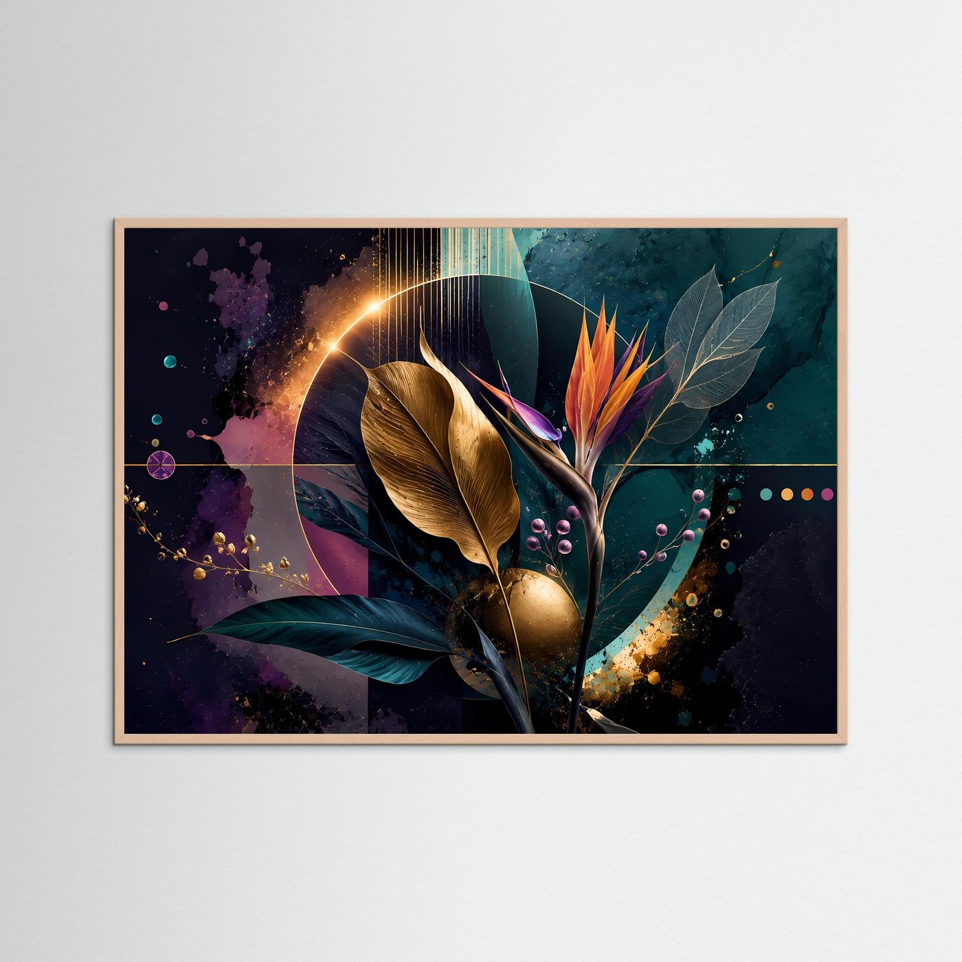 Goldene Strelitzie | Abstrakte Botanische Kunst in Petrol, Gold & Violett – Elegante Wandkunst