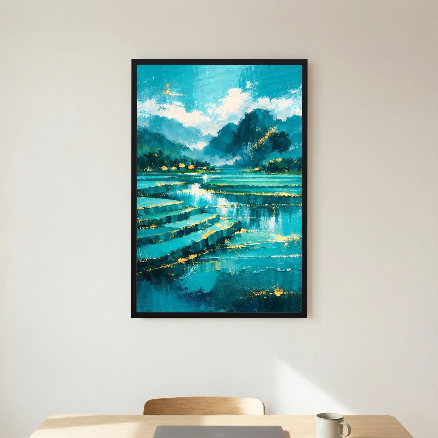 Hochformatiges Wandposter mit abstrakter Landschaft: türkisblauer See und Bergsilhouetten.