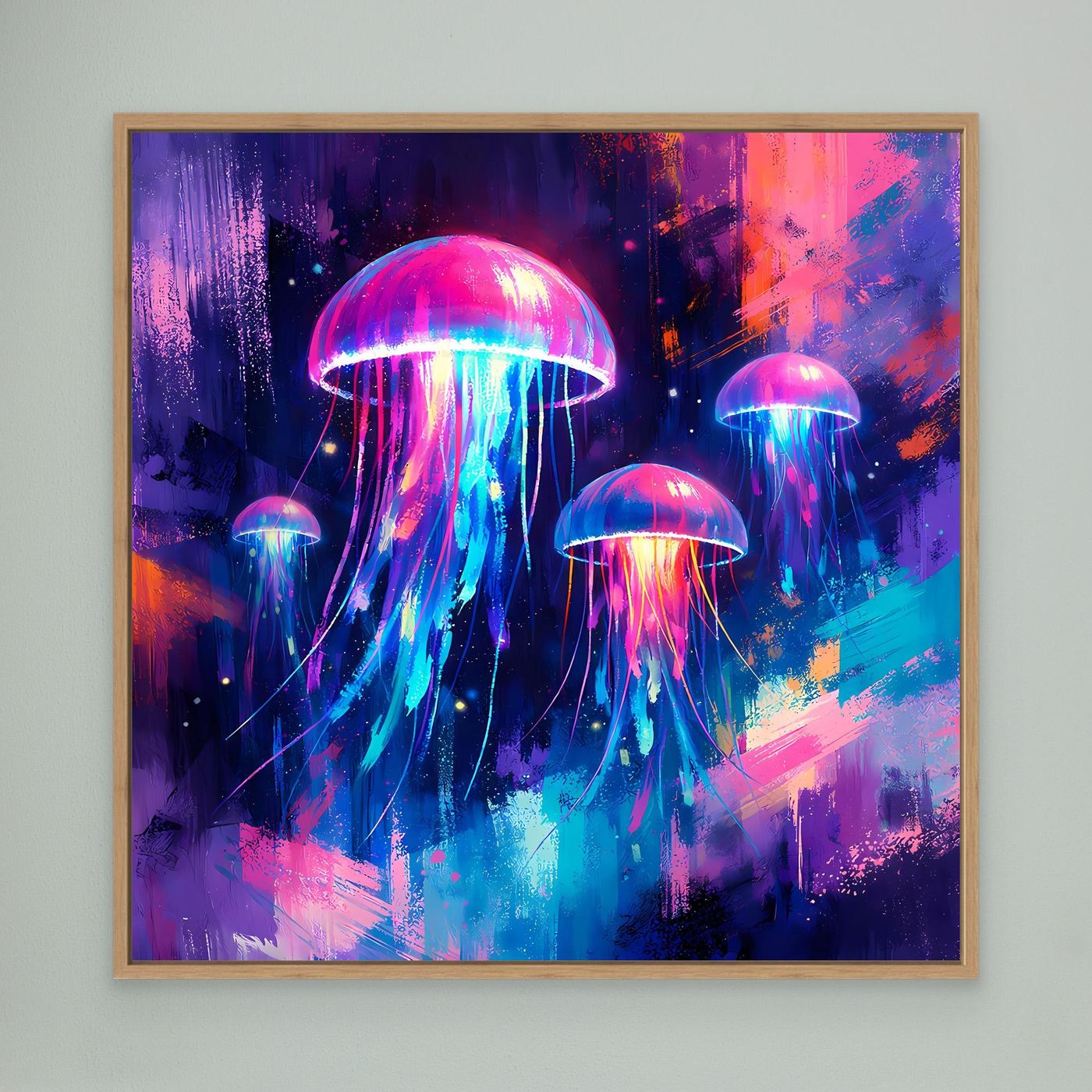 Leinwand Magische Leuchtquallen im Tiefsee-Ozean | Abstraktes Neon Wandbild