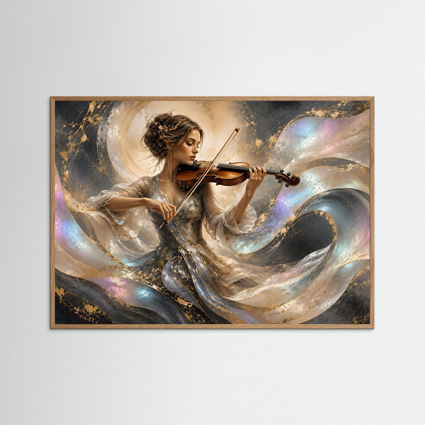 Poster Querformat mit Geigenspielerin, Violine und braunem Rahmen, perlmuttgoldene Wellen