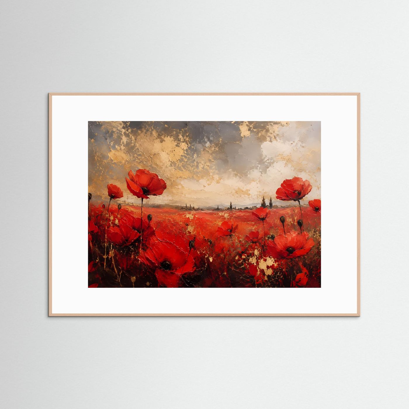 Mohnblumenfeld in Ölfarben | Abstraktes Sommer-Poster in Rot & Gold | Modernes Wandbild Querformat