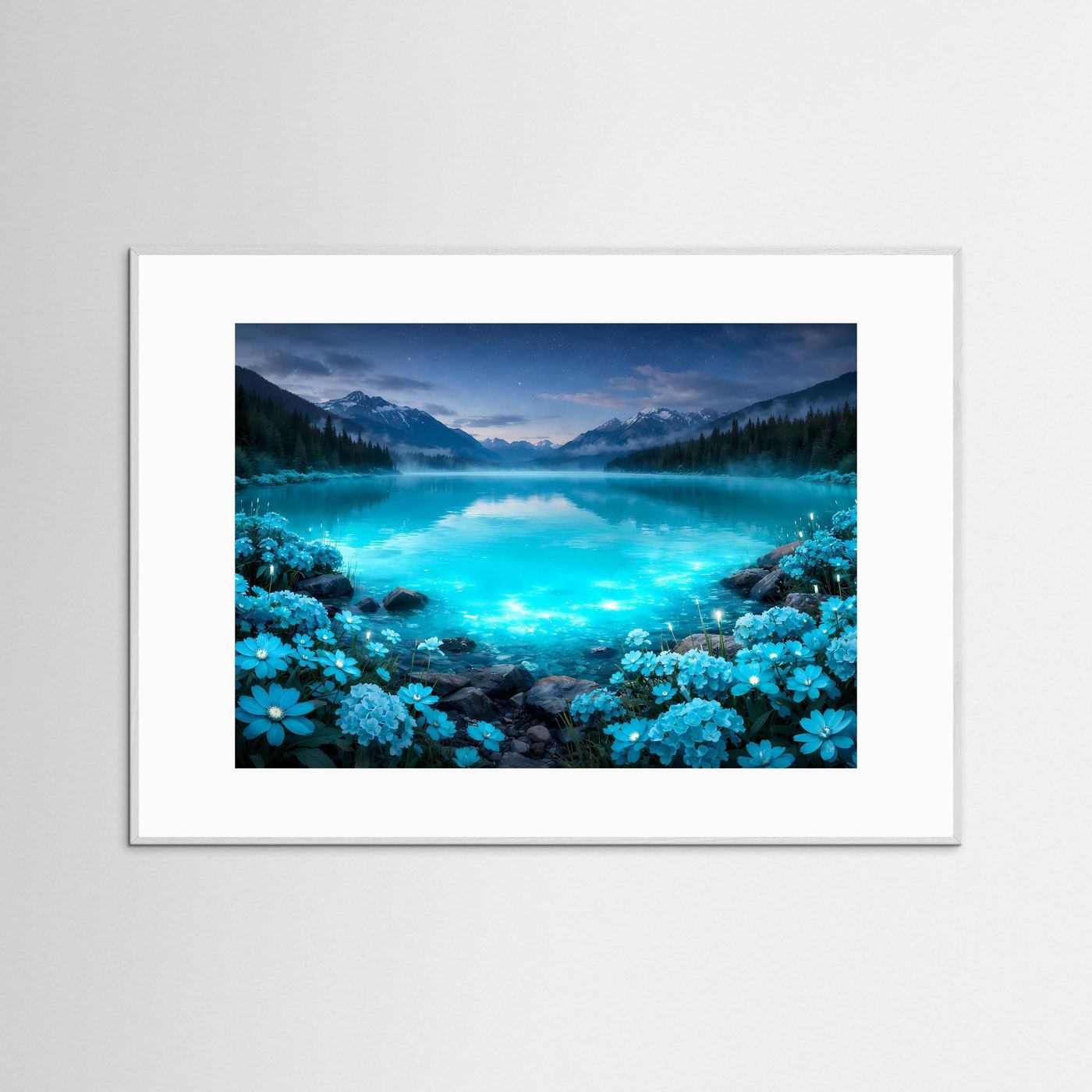 Gerahmter Poster-Bergsee mit türkisblauem Wasser und blauen Blumen, weißer Rahmen
