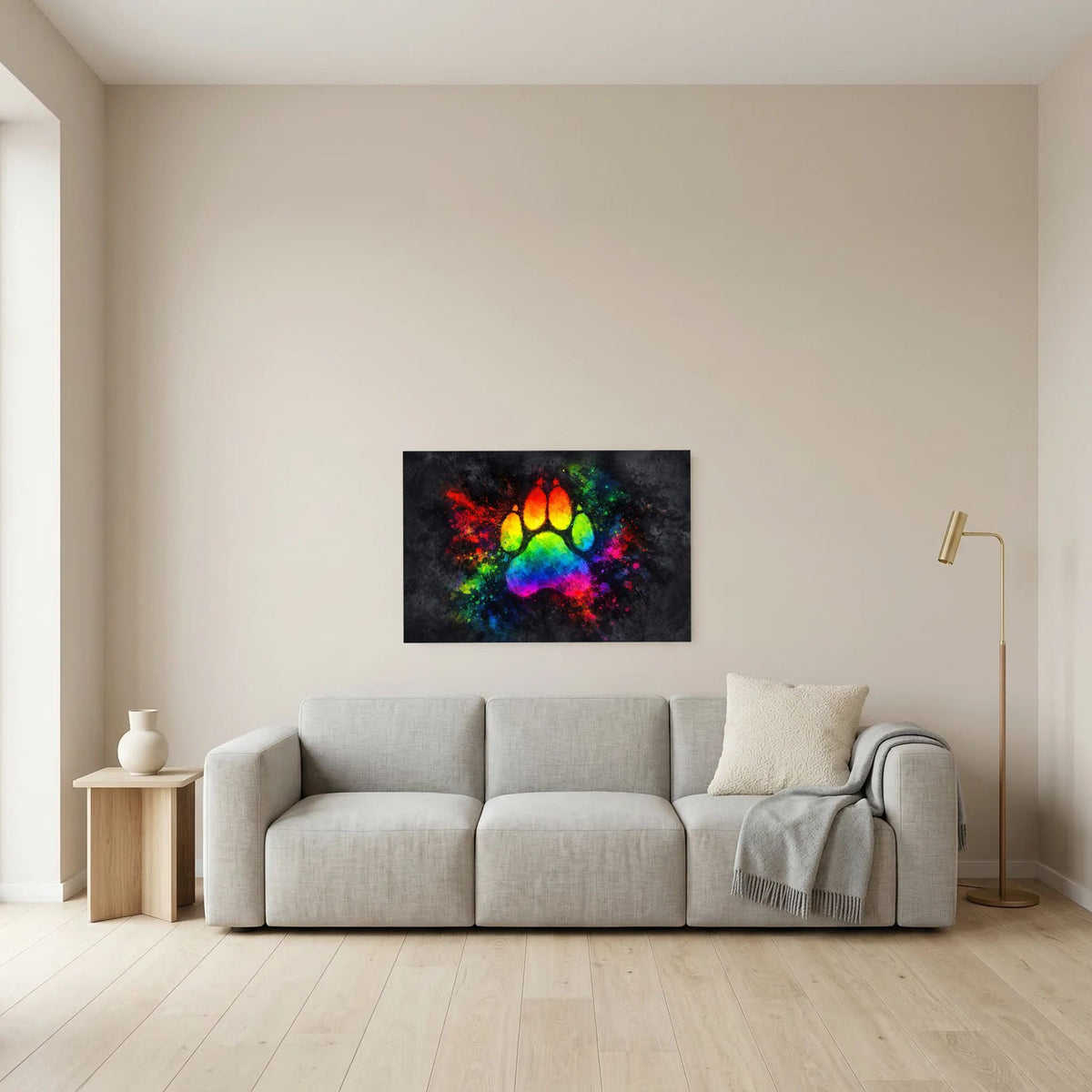 Wandbild im kleinen Querformat mit farbenfrohem Pfotenabdruck, dunkler Rahmen
