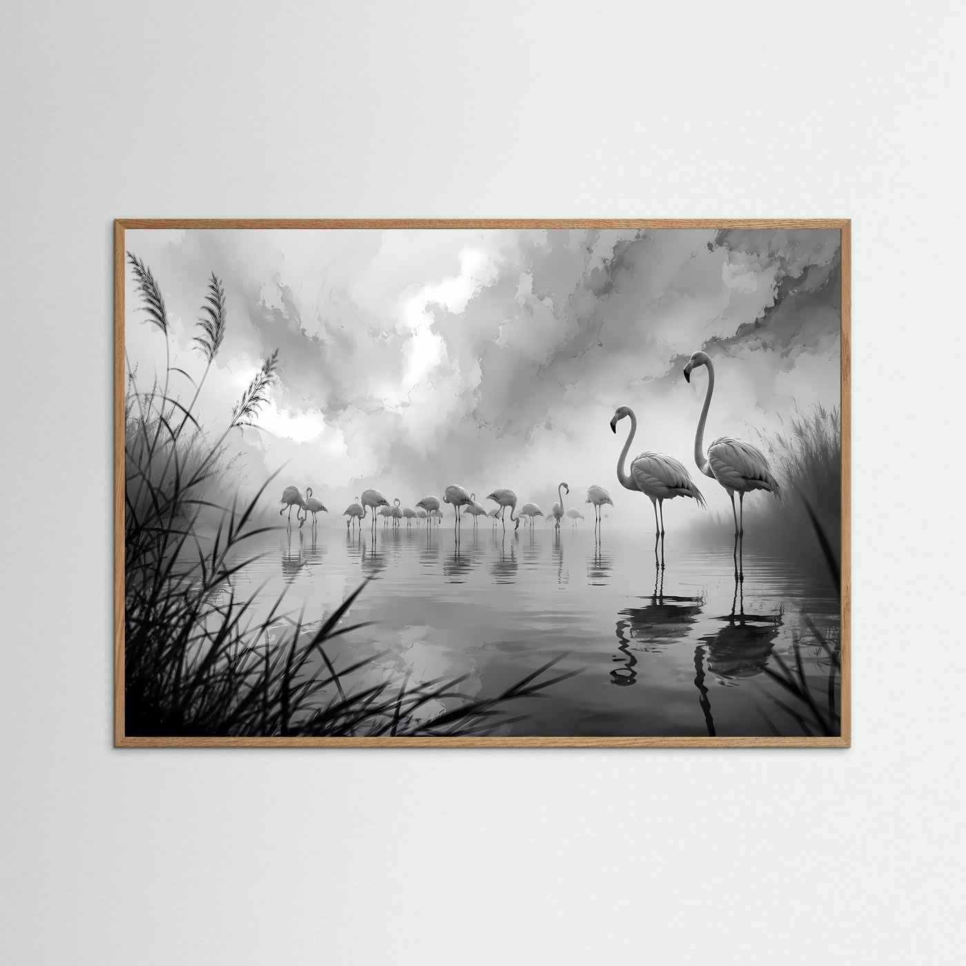 Flamingos im Nebel Schwarz-Weiß | Elegante Natur Wandkunst