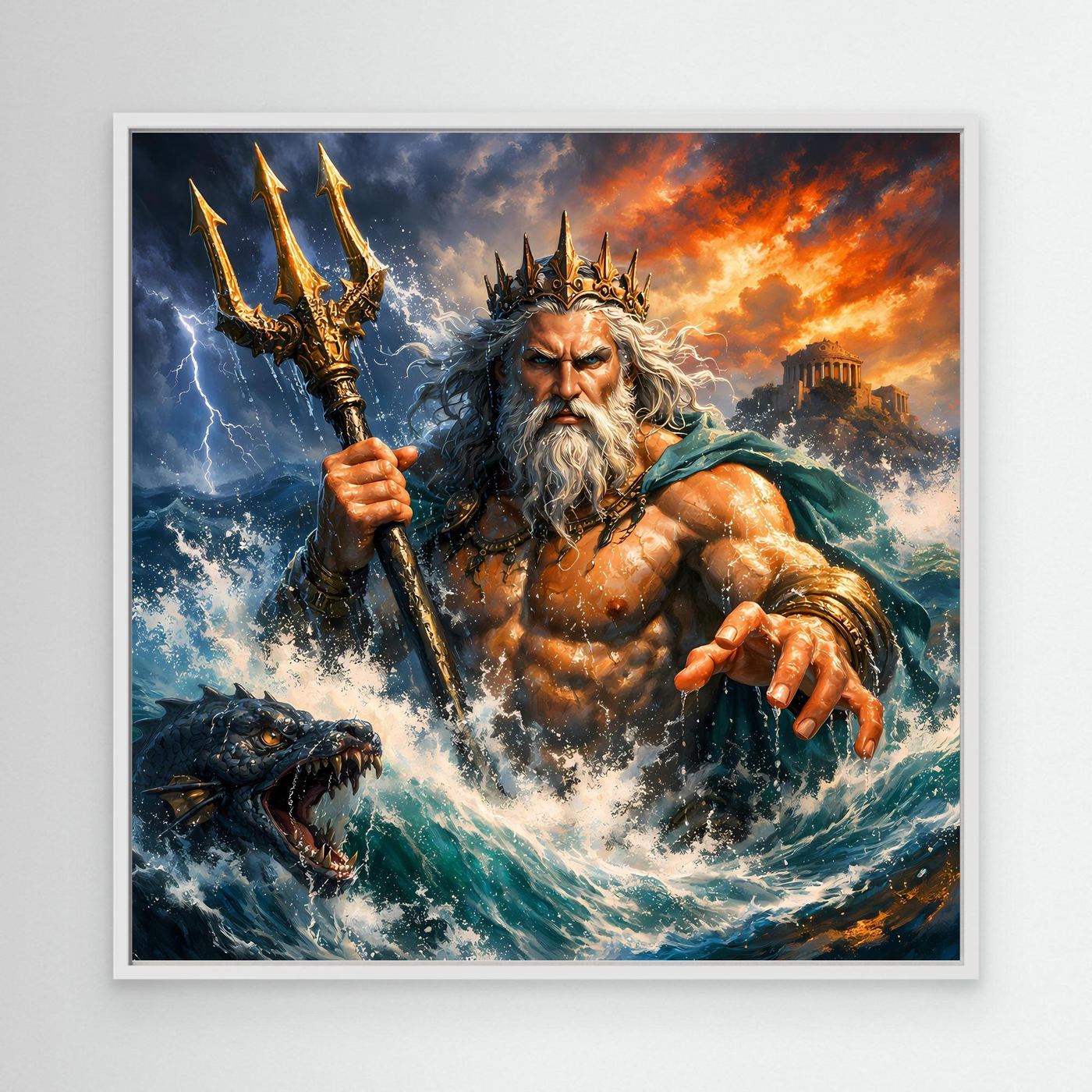 Leinwand Monumentaler Poseidon im Wellenrausch | Mythisches Meeresgott Wandbild