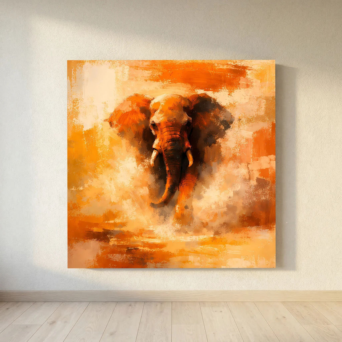 Leinwand Abstraktes Elefanten Gemälde | Modernes Kraftvolles Tier Wandbild Orange Ocker