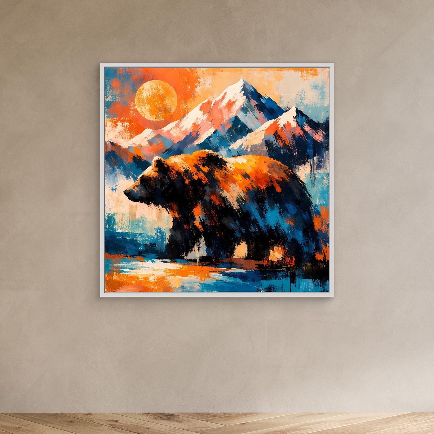 Leinwand-Wandbild mit Grizzlybär vor Bergkulisse, weißer Rahmen, Orange- und Blautöne