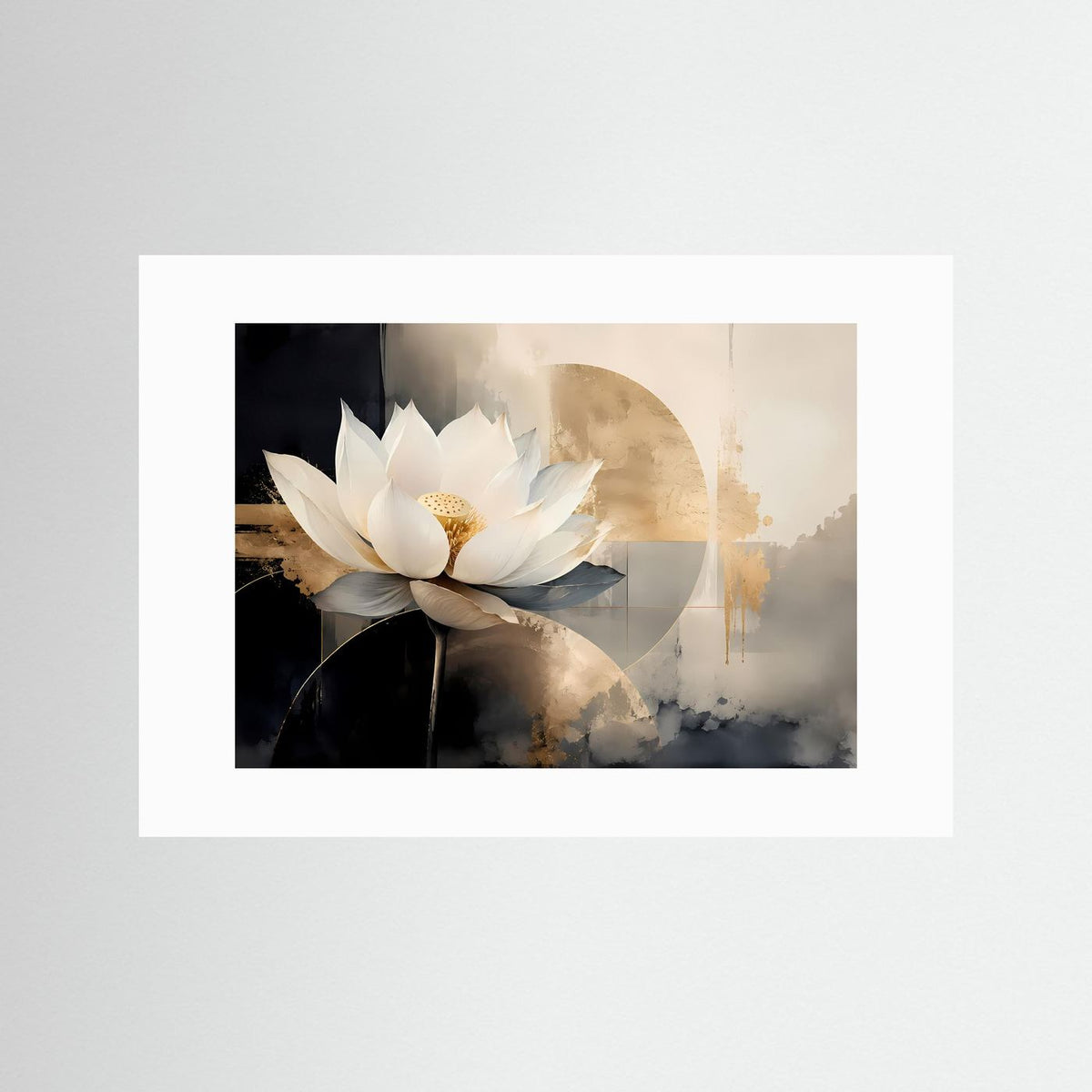 Poster Querformat mit weißem Passepartout, weiße Lotusblüte und schwarz-goldene Abstraktion.