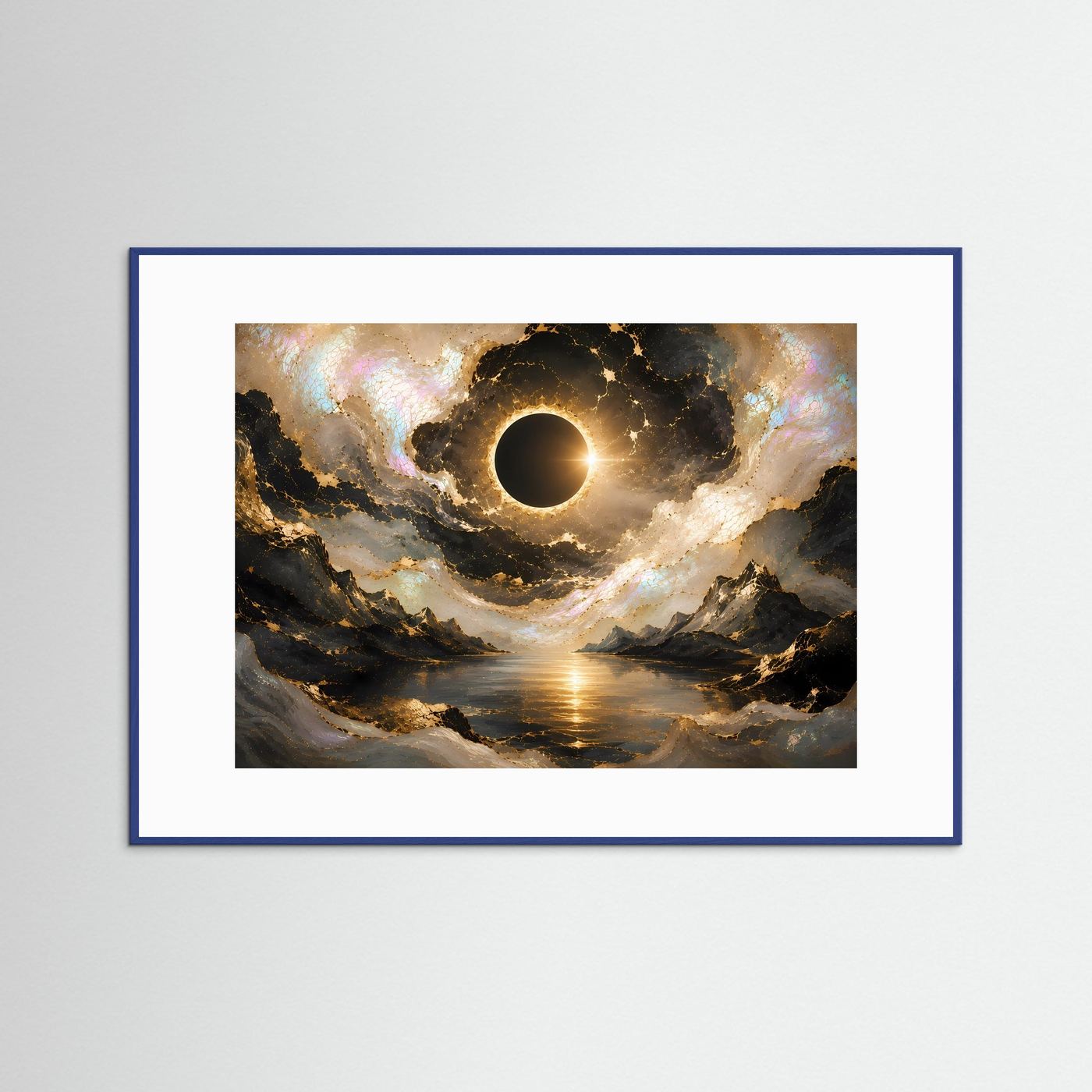 Gerahmtes Poster mit Sonnenfinsternis über Berglandschaft, schwarzem und goldenem Himmel, blauem Rahmen