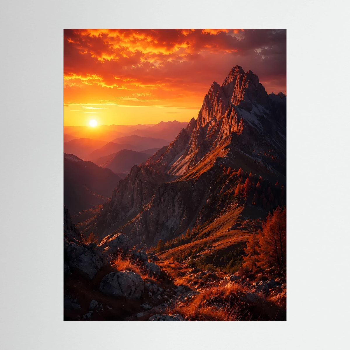 Poster im Hochformat mit Nahansicht einer Bergspitze bei orangefarbenem Sonnenuntergang, schwarzer Rand