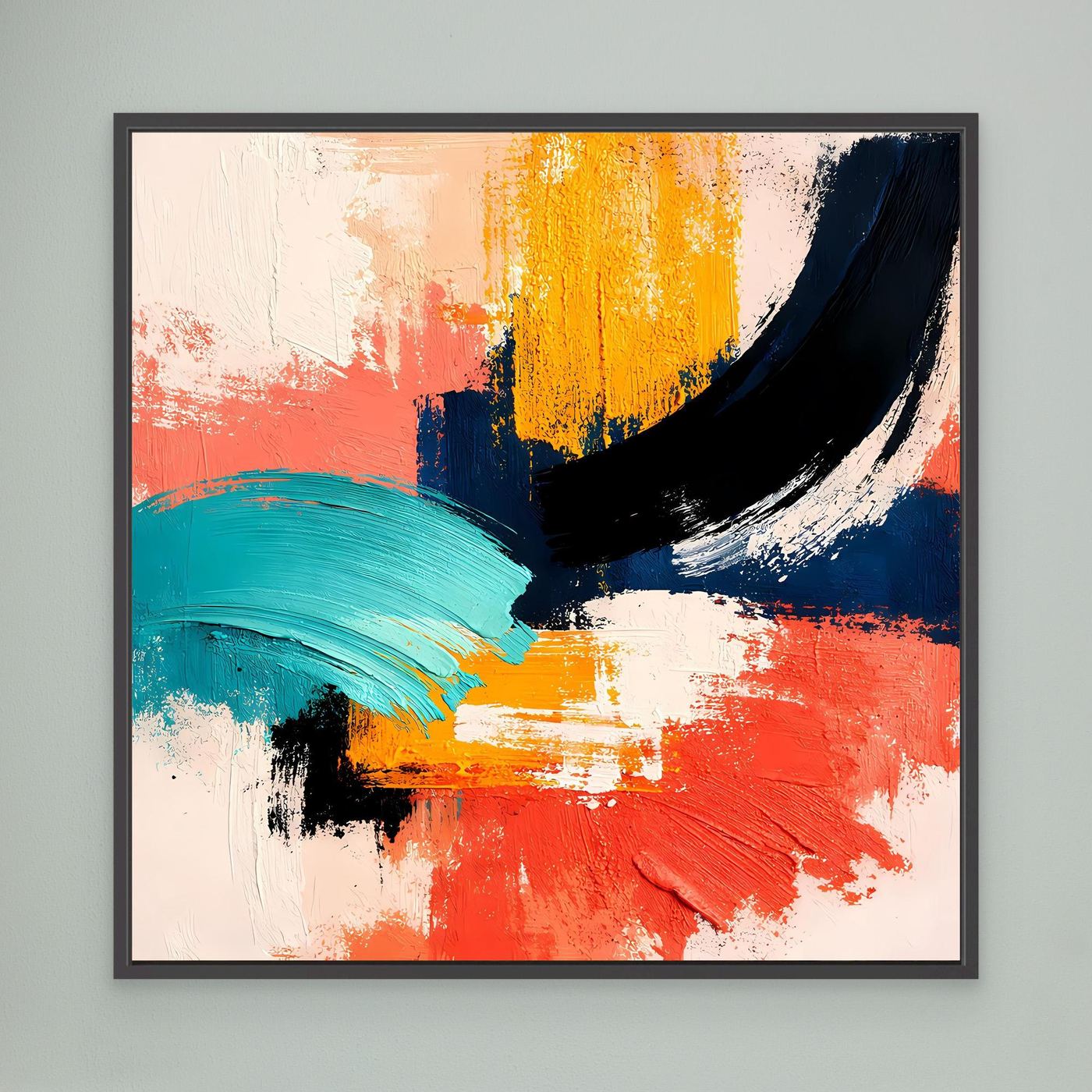 Abstract canvas wall art with coral, teal, yellow and navy brushstrokes, black frame