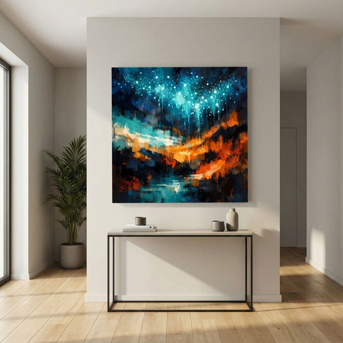 Abstraktes Wandbild mit blauen Glühpunkten, orangefarbenem Lichtband und dunkler Tiefe