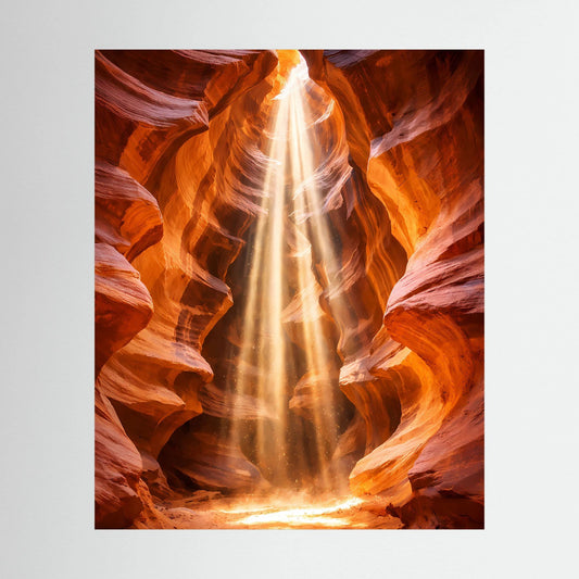 Posterdruck mit orange-goldener Schlucht und hellem Lichtstrahl in der Tiefe