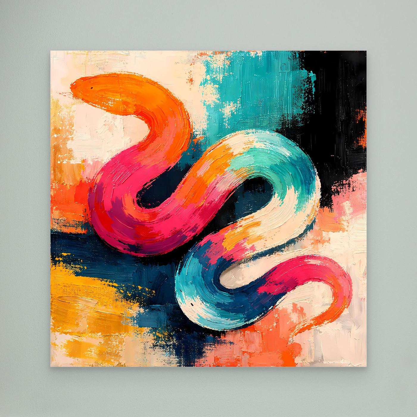 Leinwandbild mit abstrakter Schlange in Pink, Türkis und Orange im Pop-Art-Stil