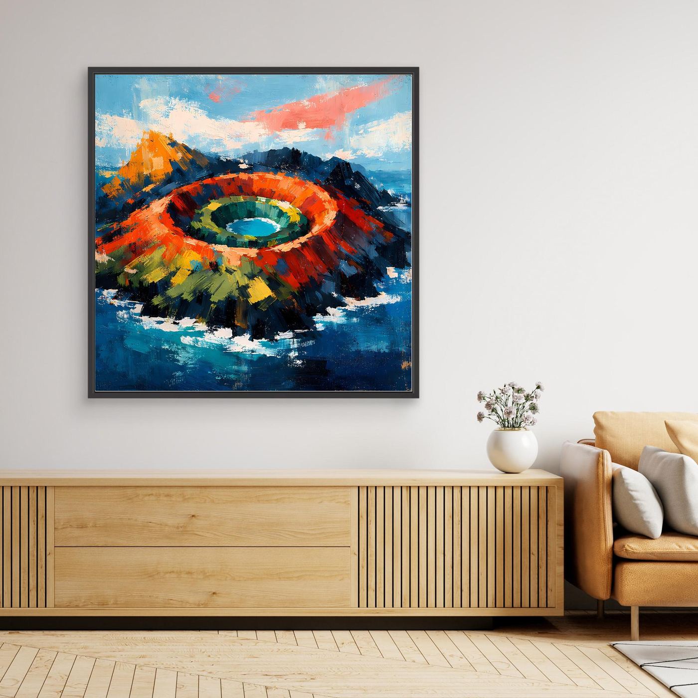 Abstraktes Leinwand-Wandbild mit Vulkankrater, mehrfarbig, schwarzer Rahmen