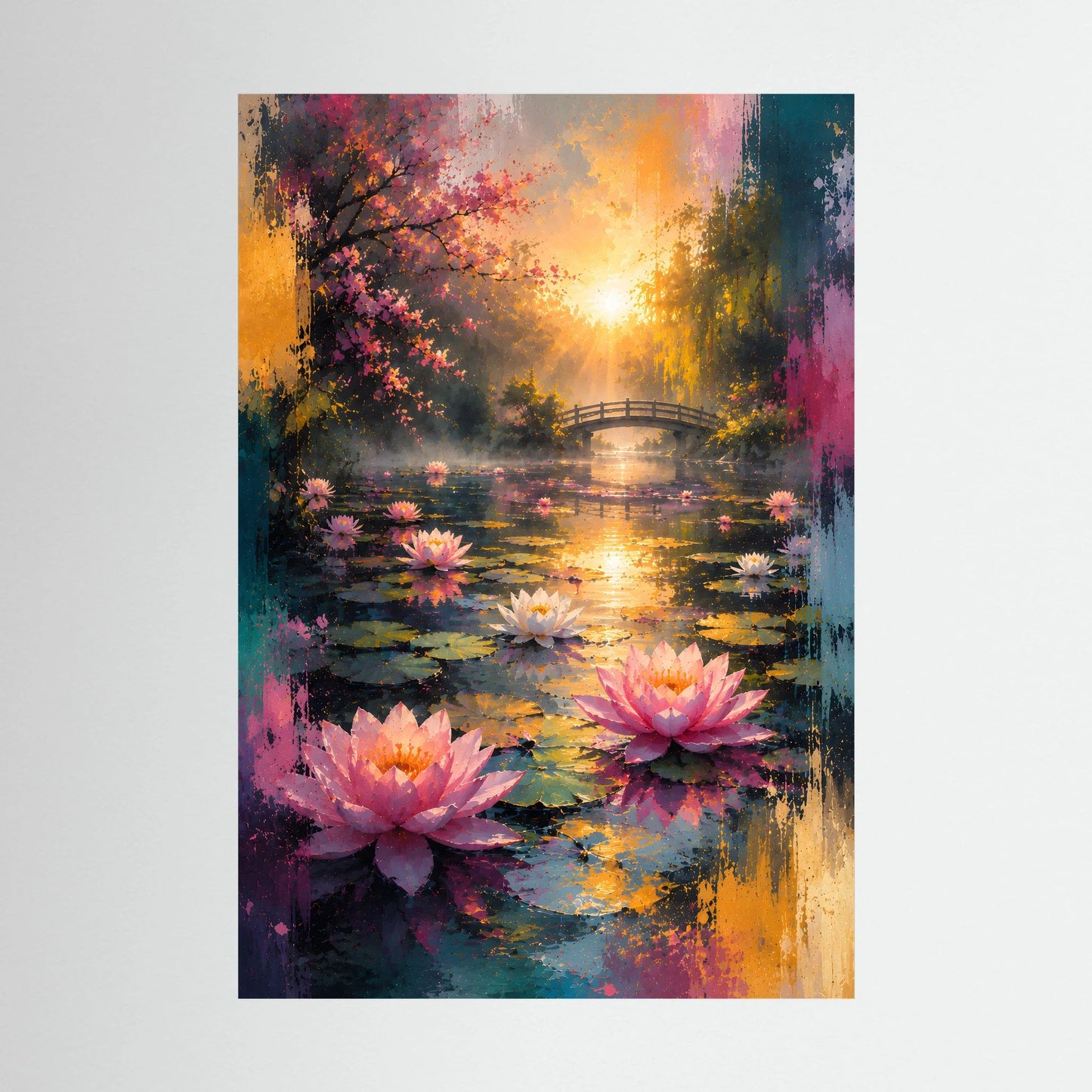 Poster-Druck im Hochformat: Lotusteich mit Brücke, Seerosen und Sonnenlicht