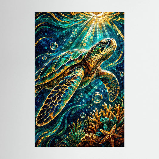 Hochformat-Poster mit Meeresschildkröte im Mosaikstil, türkis-goldenem Unterwassermotiv