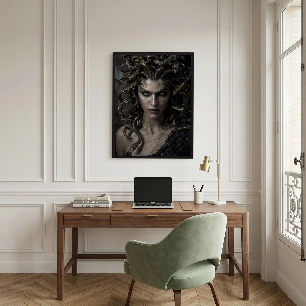 Fantasy-Poster mit Medusa: Frauengesicht mit Schlangenhaaren, detailreiche dunkle Illustration