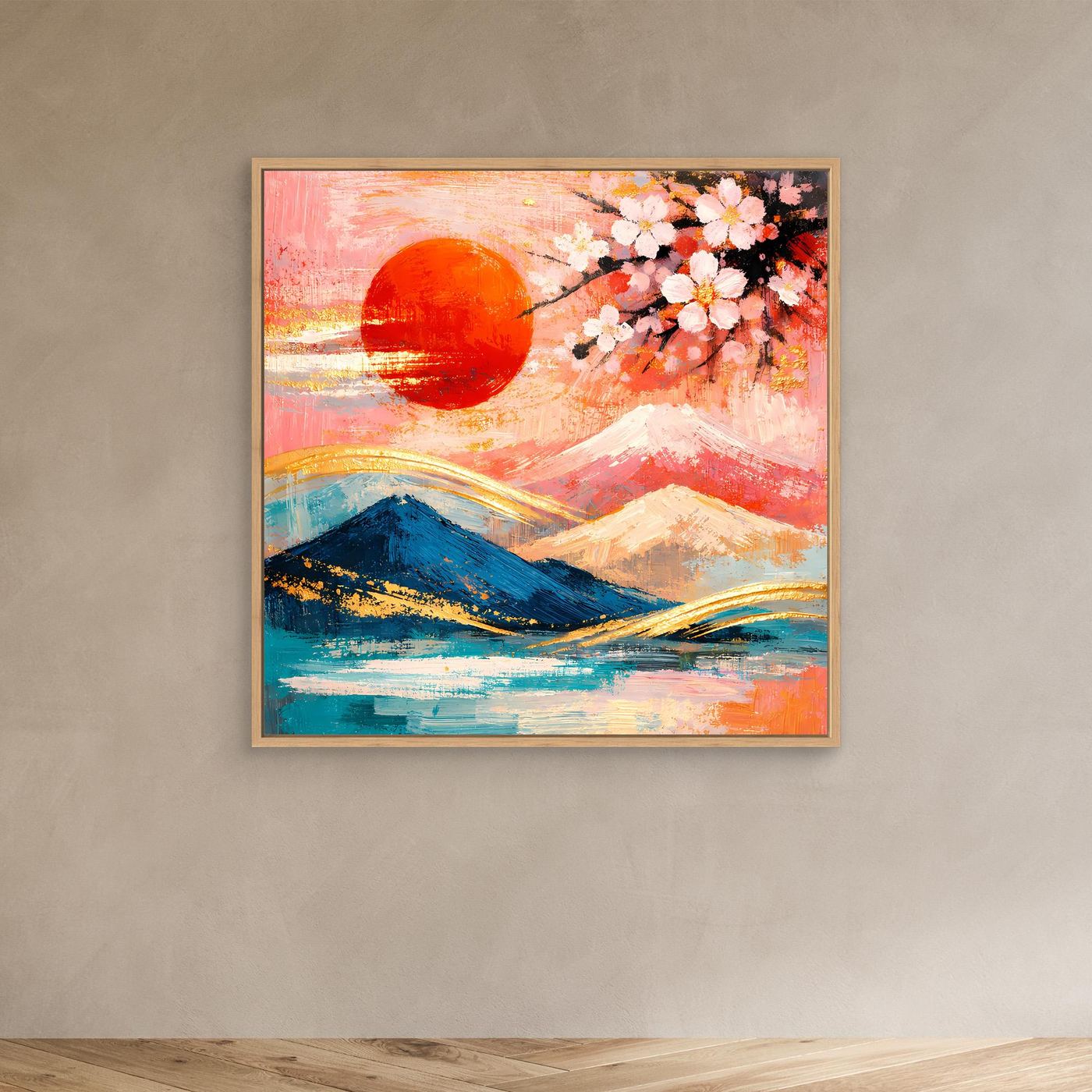 Leinwandbild mit goldfarbenem Rahmen: Kirschblüte über Fuji, pastellfarben