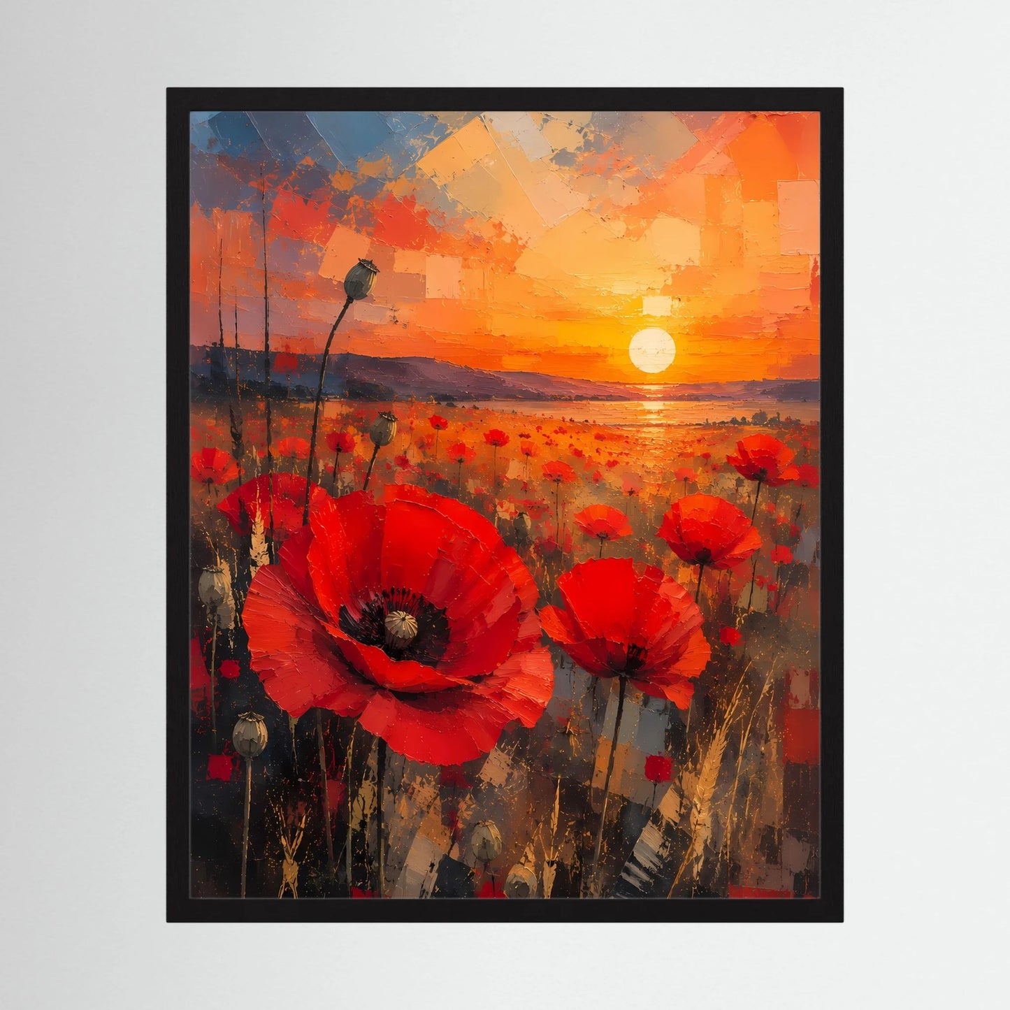 Gerahmtes Poster mit roten Mohnblumen im abstrakten Sonnenuntergang, schwarze Umrandung