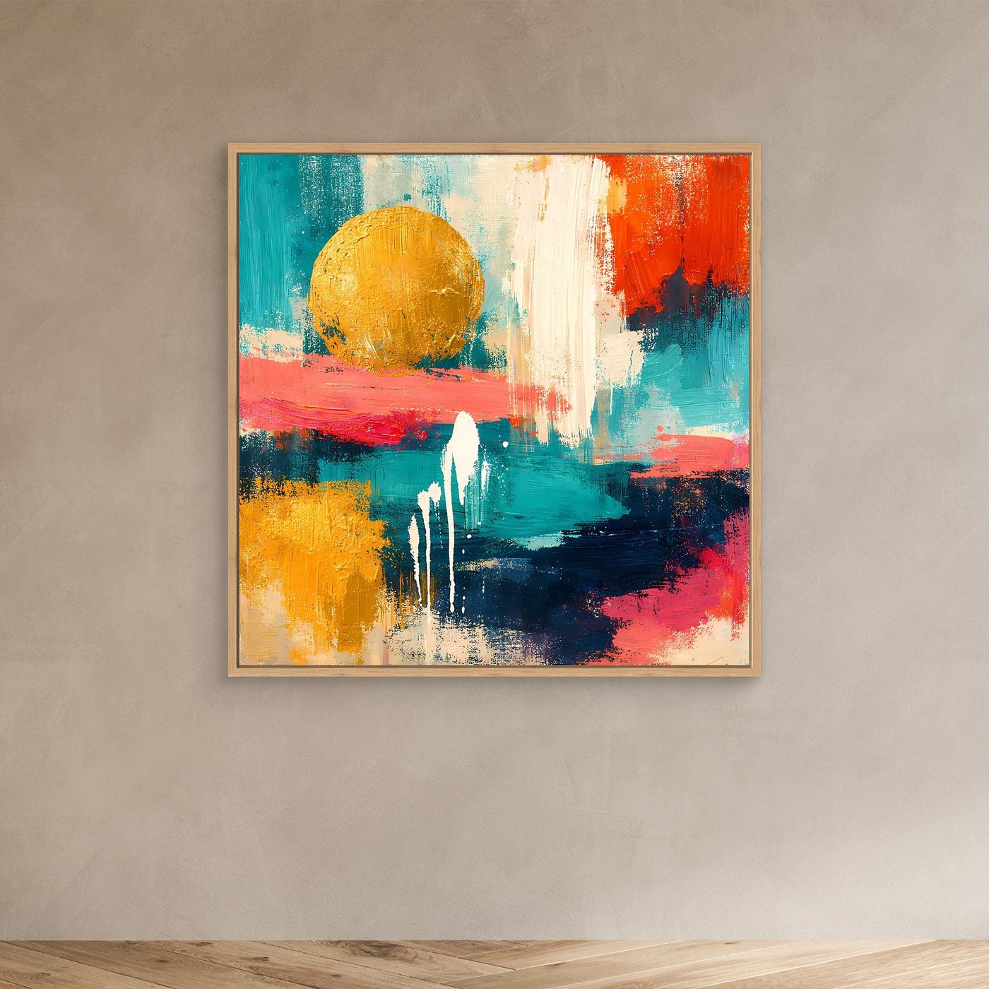 Abstraktes Leinwandbild mit goldener Sonne und Farbflächen, Holzrahmen