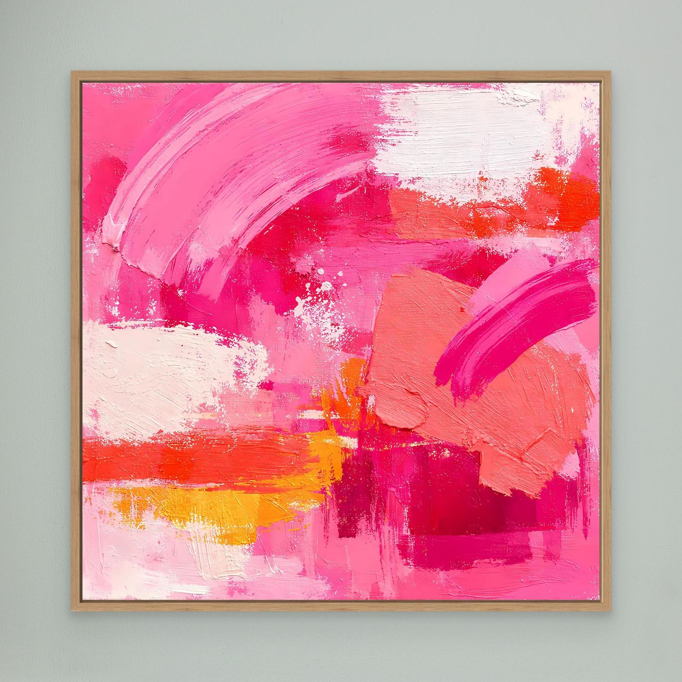 Abstraktes Leinwandbild im Eichenrahmen, rosa Pinselstriche mit orange und weiß.
