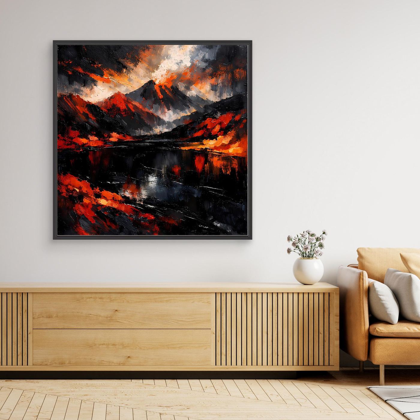 Abstraktes Leinwandbild mit roten Flammen, schwarz gerahmt, Blick auf Lava und Meer