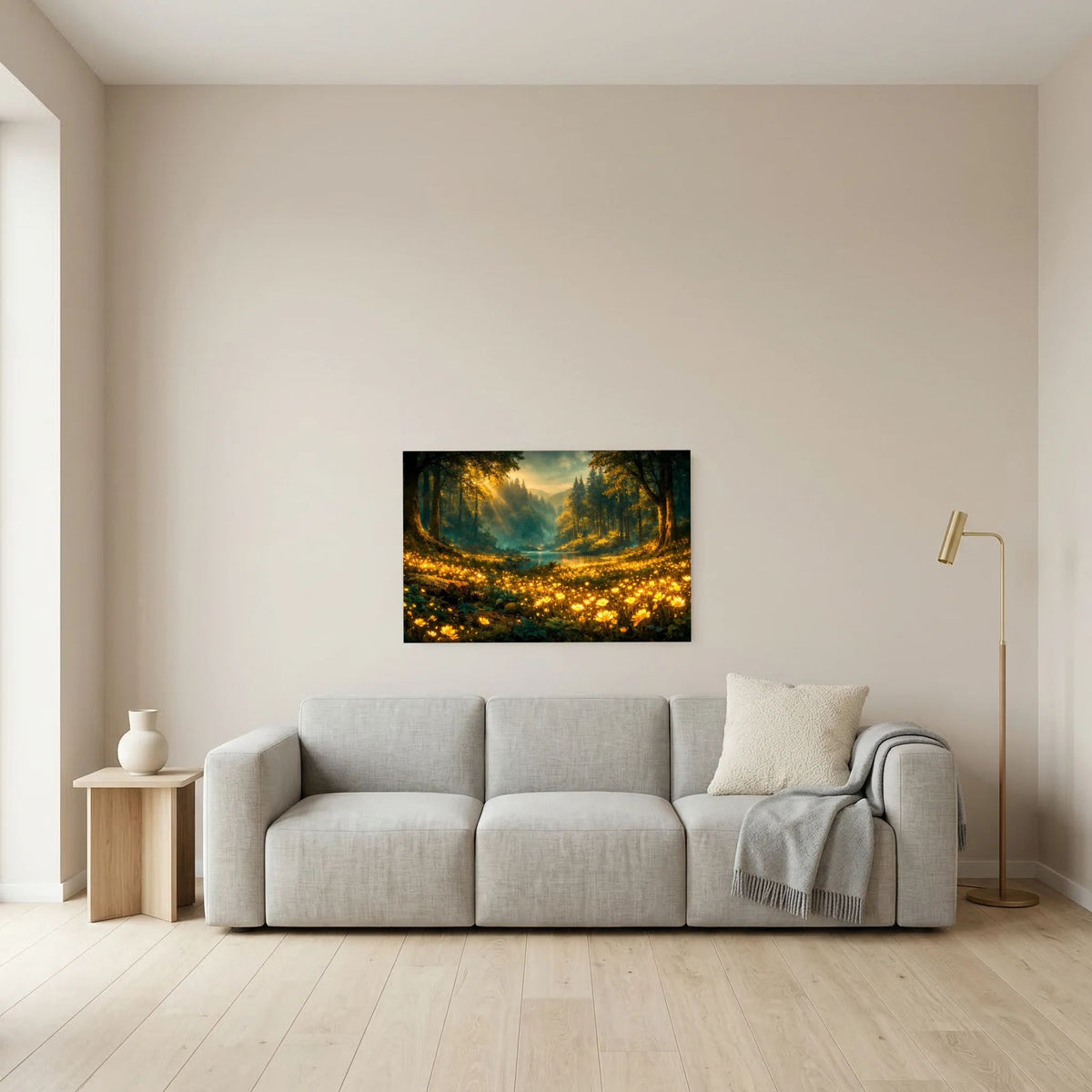 Wandbild im Querformat mit goldenem Waldtal im Morgenlicht, Fluss und leuchtenden Lichtern