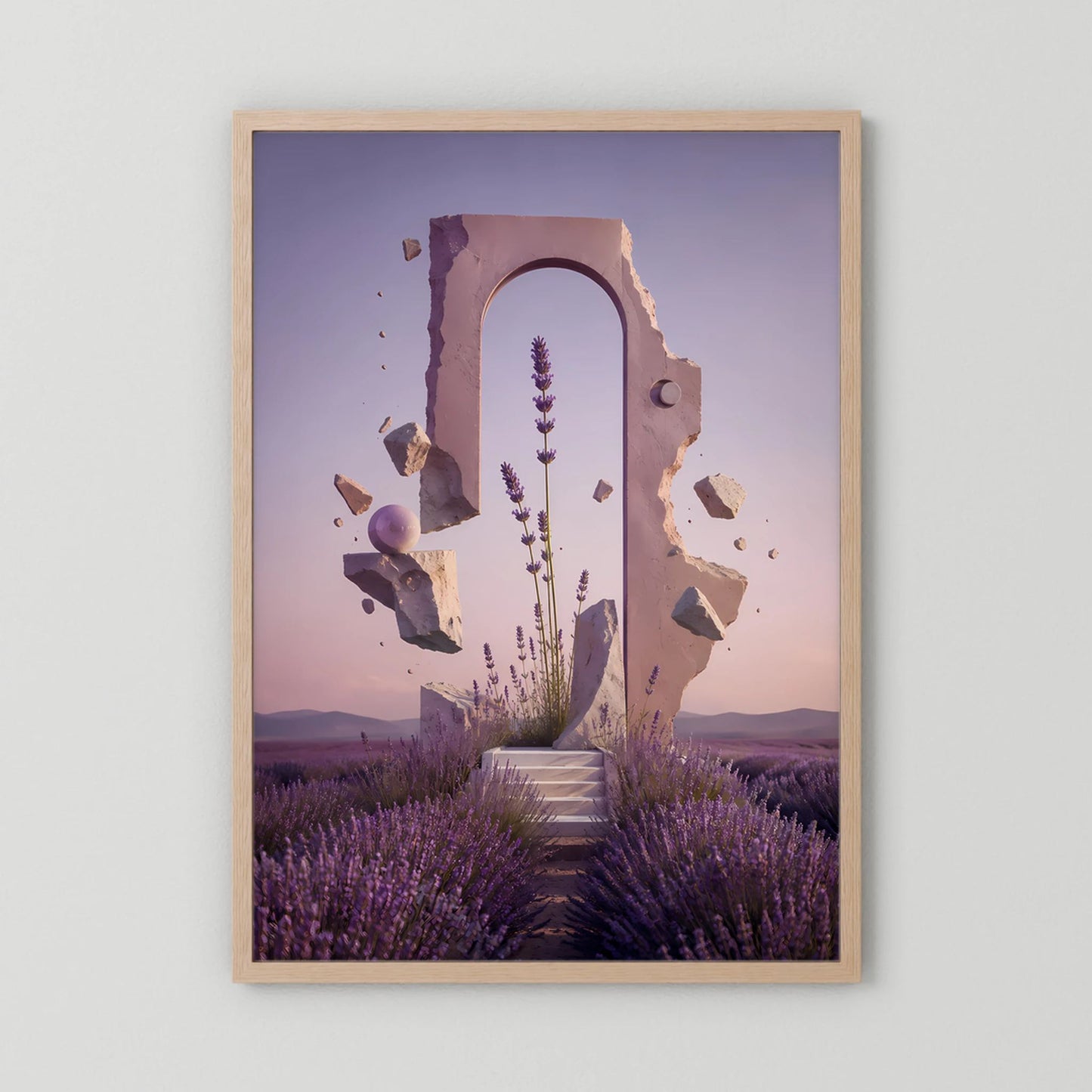 Hochformat-Poster: Lavendelfelder in Violett mit Portal und Treppenweg, Holzrahmen natur